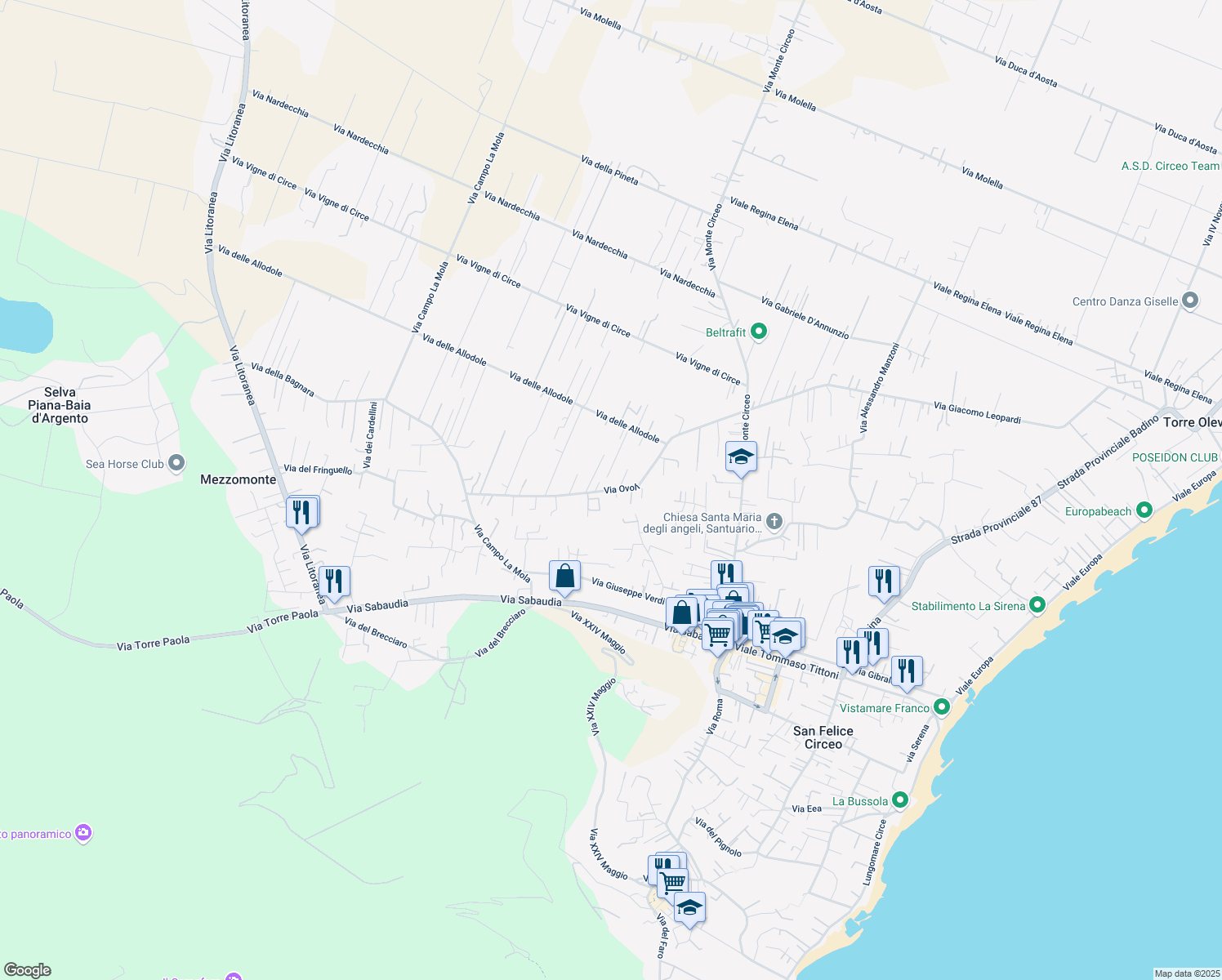 map of restaurants, bars, coffee shops, grocery stores, and more near Via Ovoli in San Felice Circeo