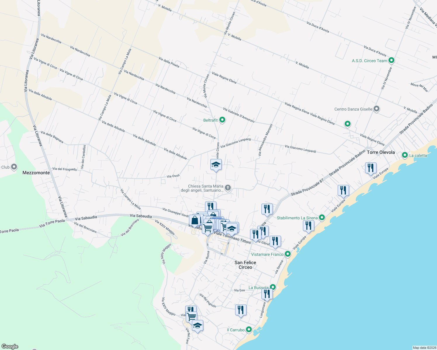 map of restaurants, bars, coffee shops, grocery stores, and more near 12 Via Monte Circeo in San Felice Circeo
