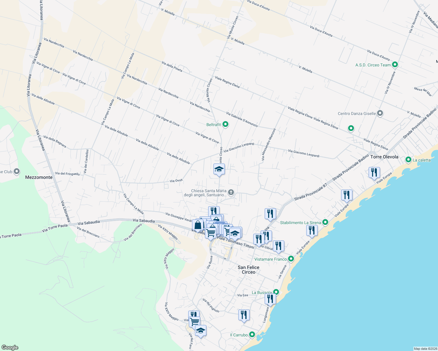 map of restaurants, bars, coffee shops, grocery stores, and more near 135 Via Monte Circeo in San Felice Circeo
