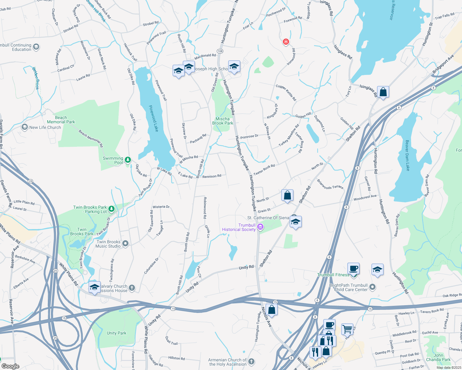 map of restaurants, bars, coffee shops, grocery stores, and more near 25 Overhill Dr in Trumbull
