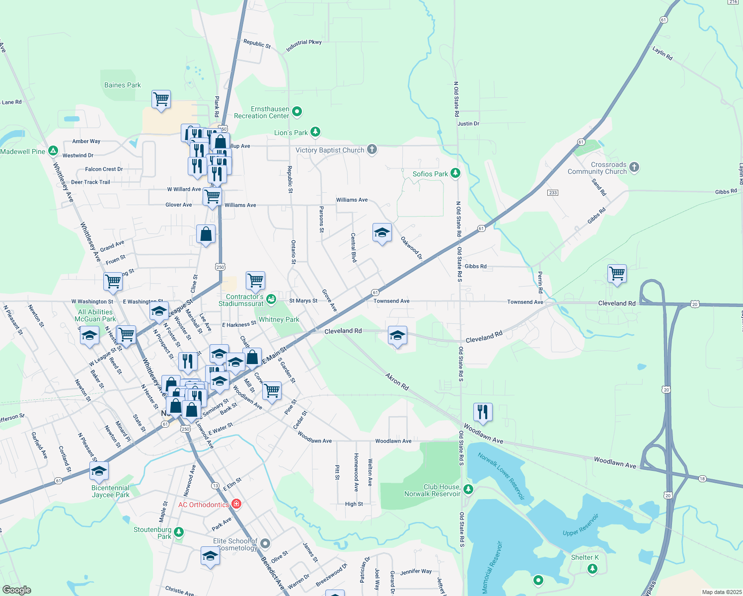 map of restaurants, bars, coffee shops, grocery stores, and more near 224 East Main Street in Norwalk