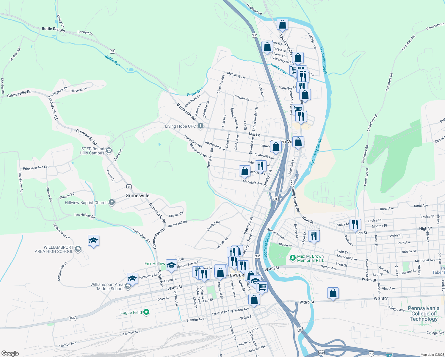 map of restaurants, bars, coffee shops, grocery stores, and more near 2299 Marydale Ave in Williamsport