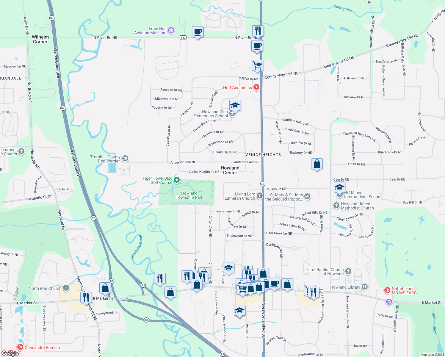 map of restaurants, bars, coffee shops, grocery stores, and more near 124 Eastwind Drive Northeast in Warren