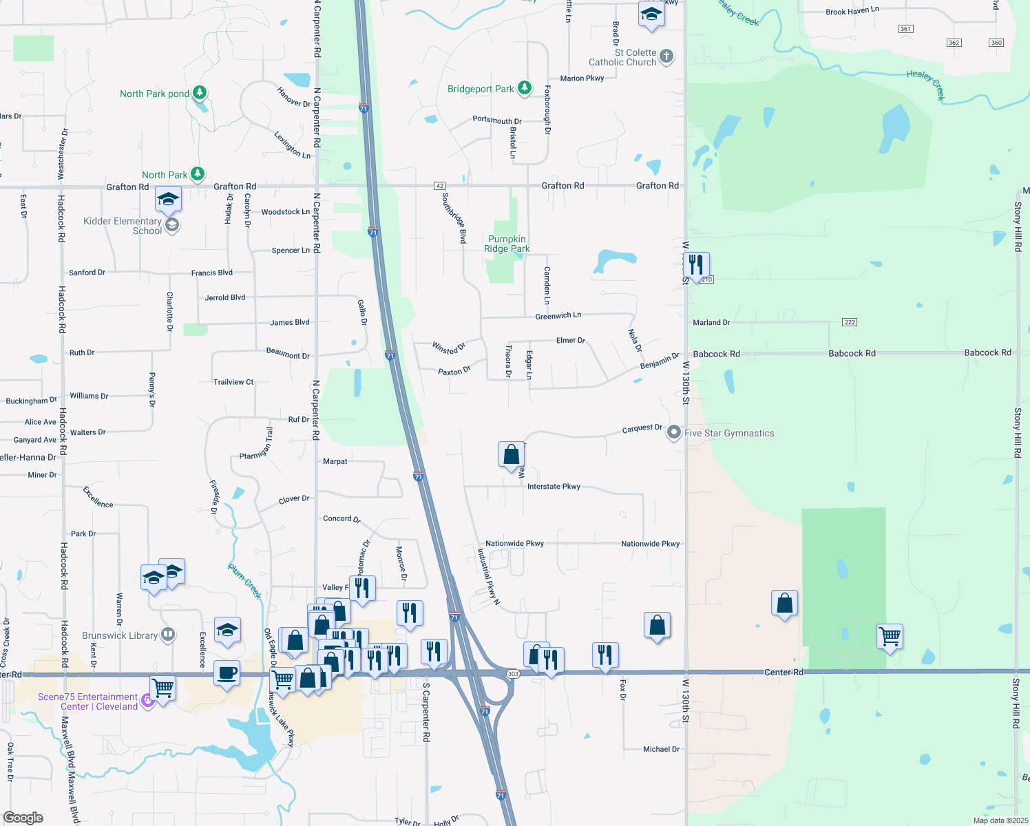 map of restaurants, bars, coffee shops, grocery stores, and more near 927 Theora Drive in Brunswick