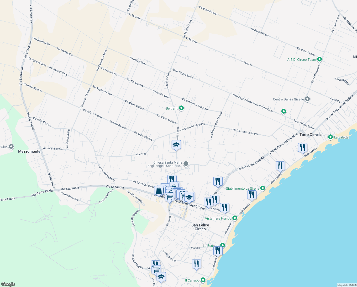 map of restaurants, bars, coffee shops, grocery stores, and more near 135 Via Monte Circeo in San Felice Circeo