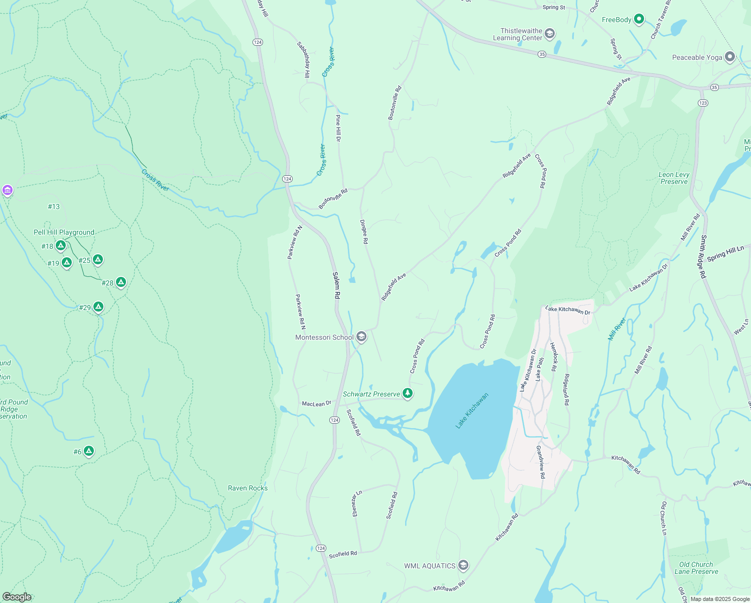 map of restaurants, bars, coffee shops, grocery stores, and more near 68 Dingee Road in Pound Ridge