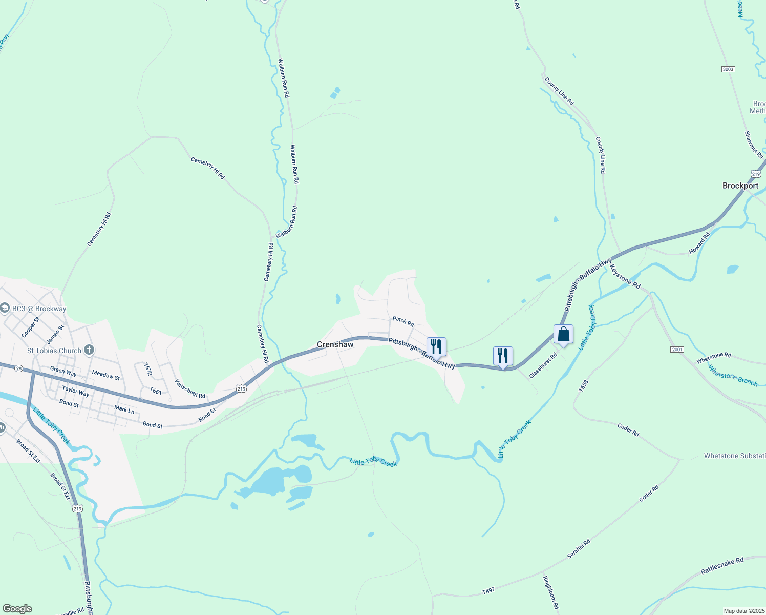 map of restaurants, bars, coffee shops, grocery stores, and more near 141 Pine Acres Road in Brockway