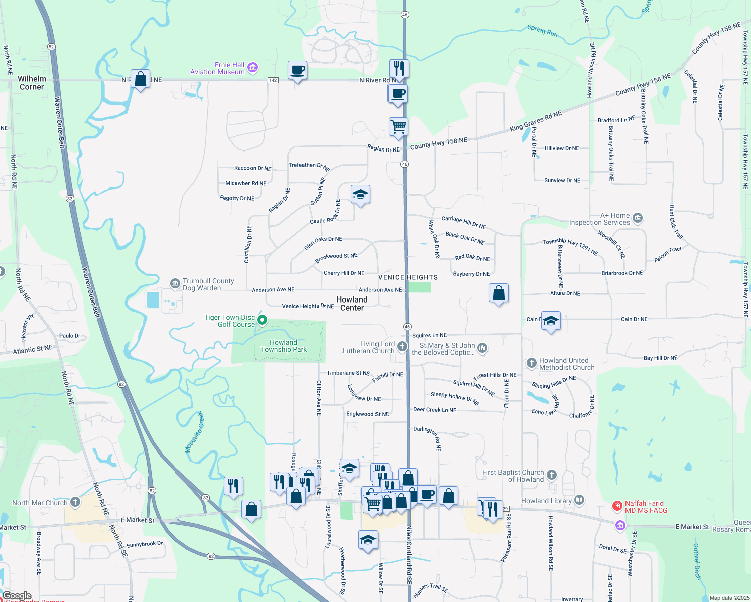 map of restaurants, bars, coffee shops, grocery stores, and more near 8239 Venice Heights Drive Northeast in Warren