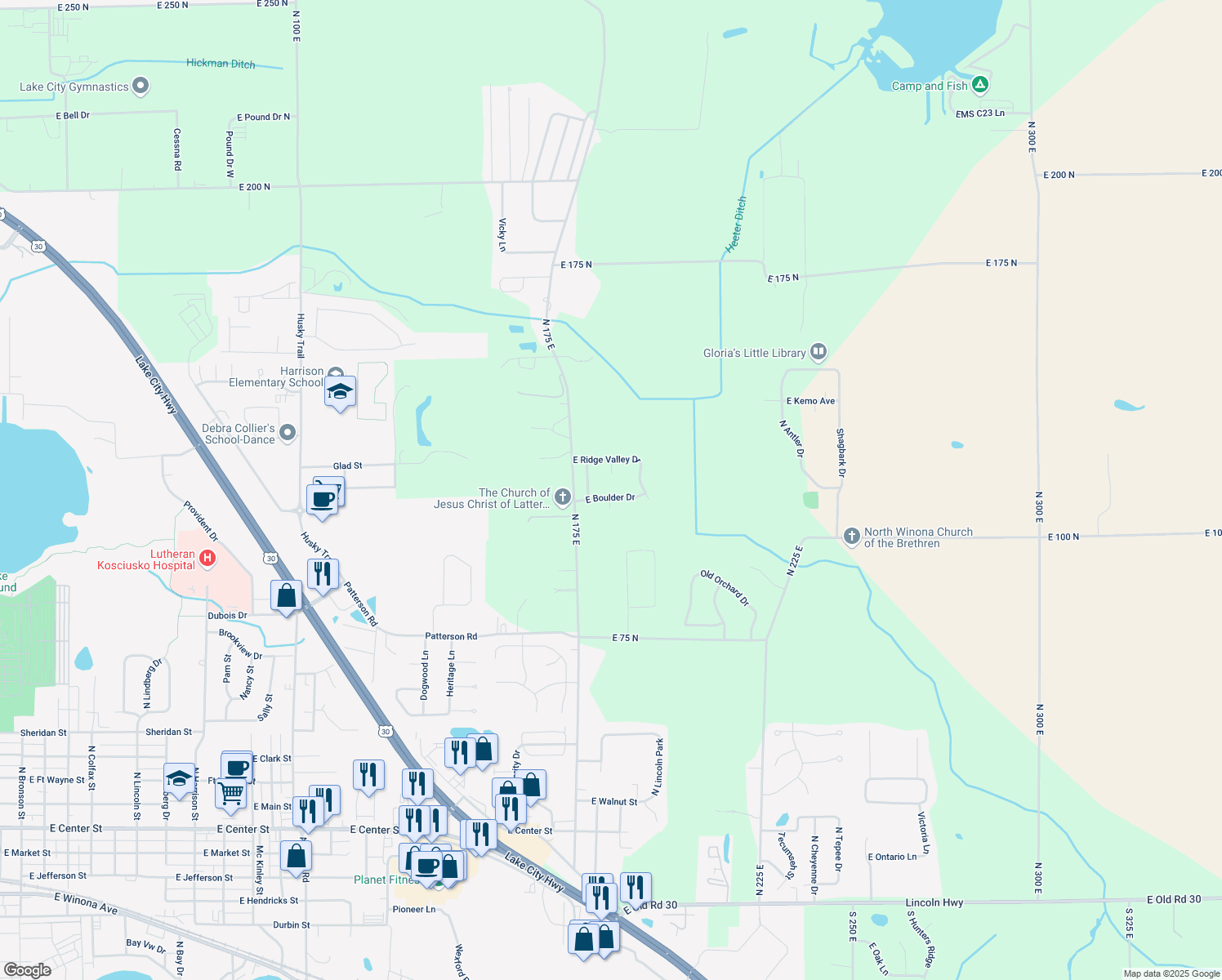 map of restaurants, bars, coffee shops, grocery stores, and more near 1838 E Boulder Dr in Warsaw