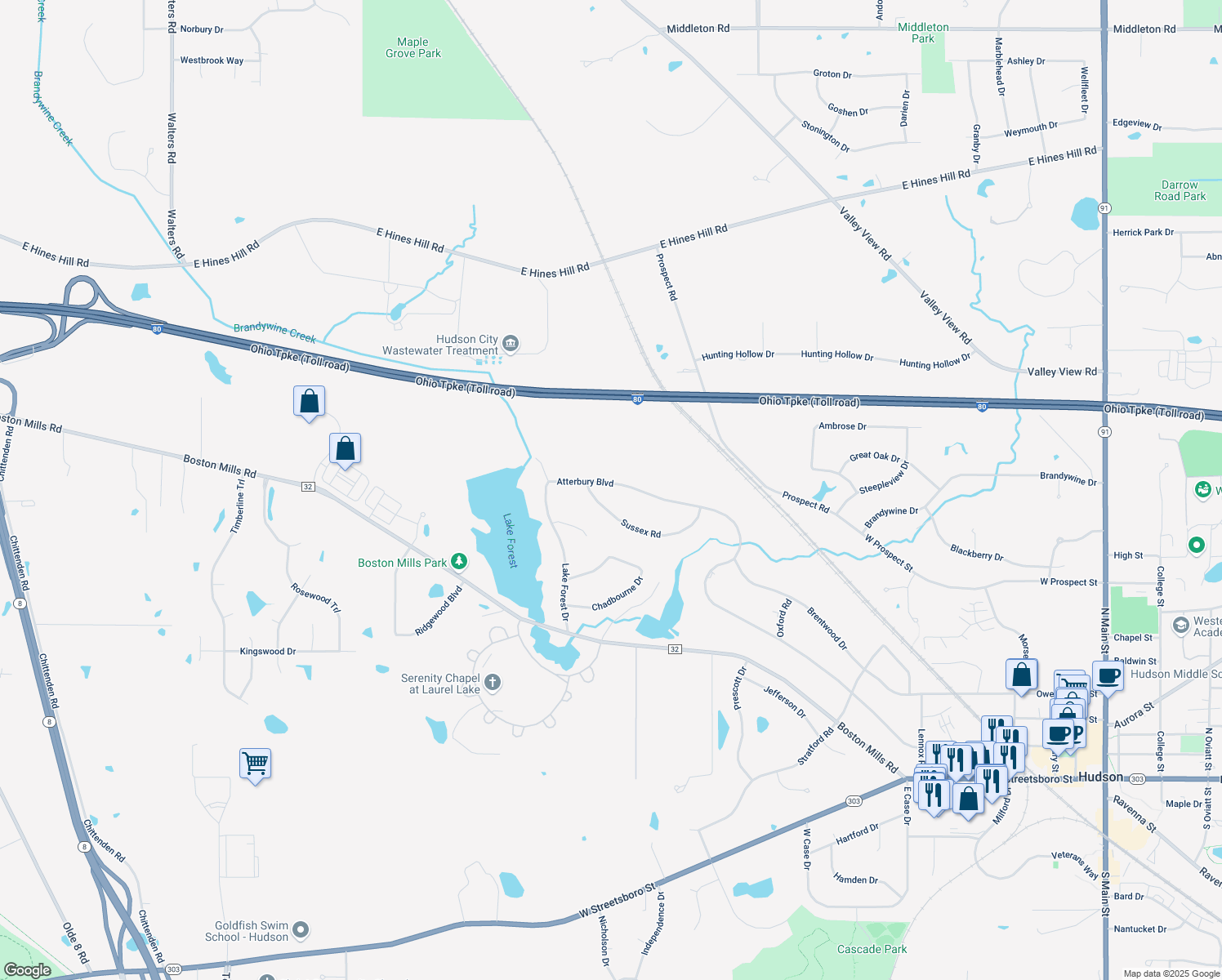 map of restaurants, bars, coffee shops, grocery stores, and more near 556 Atterbury Boulevard in Hudson