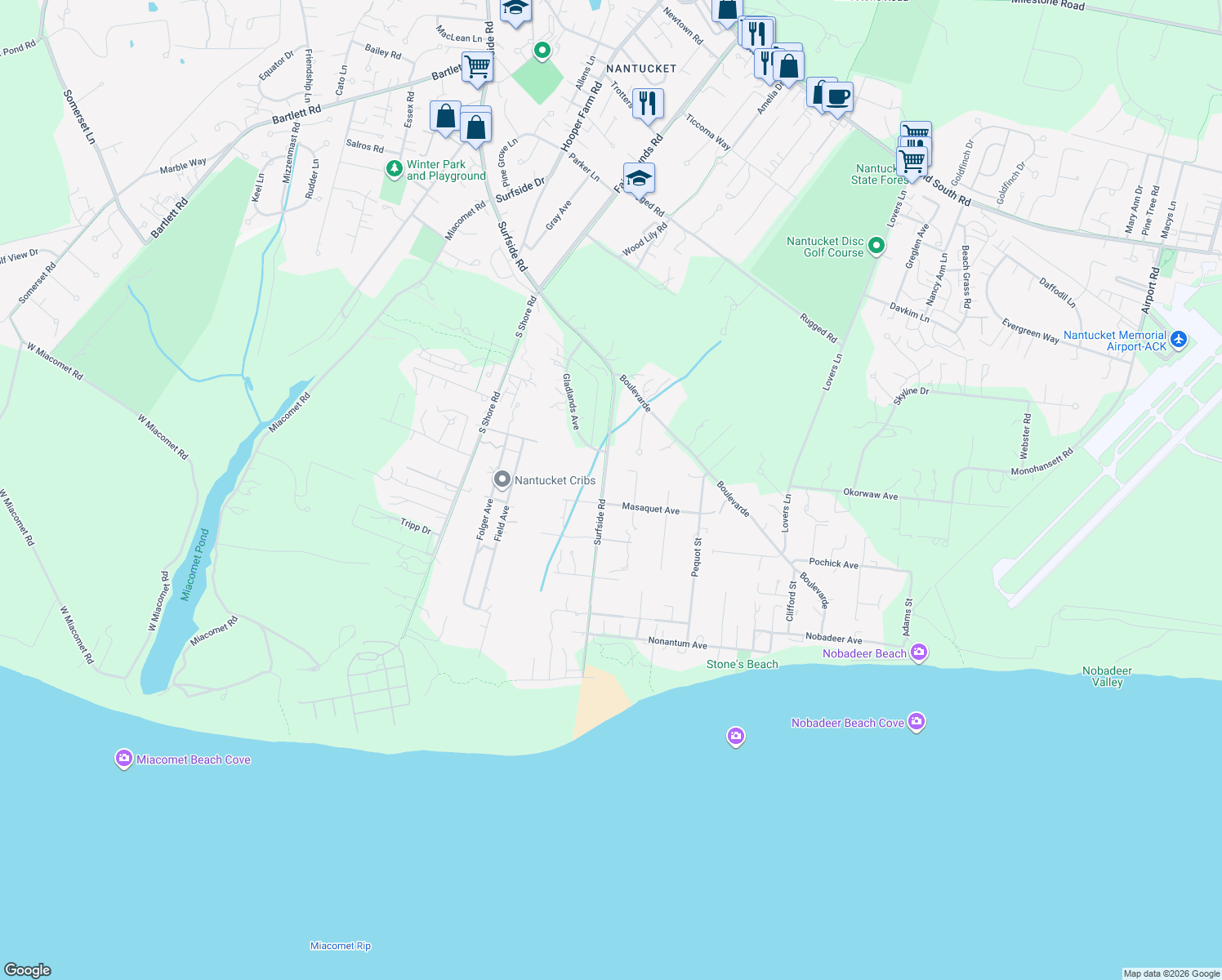 map of restaurants, bars, coffee shops, grocery stores, and more near 134 Surfside Rd in Nantucket