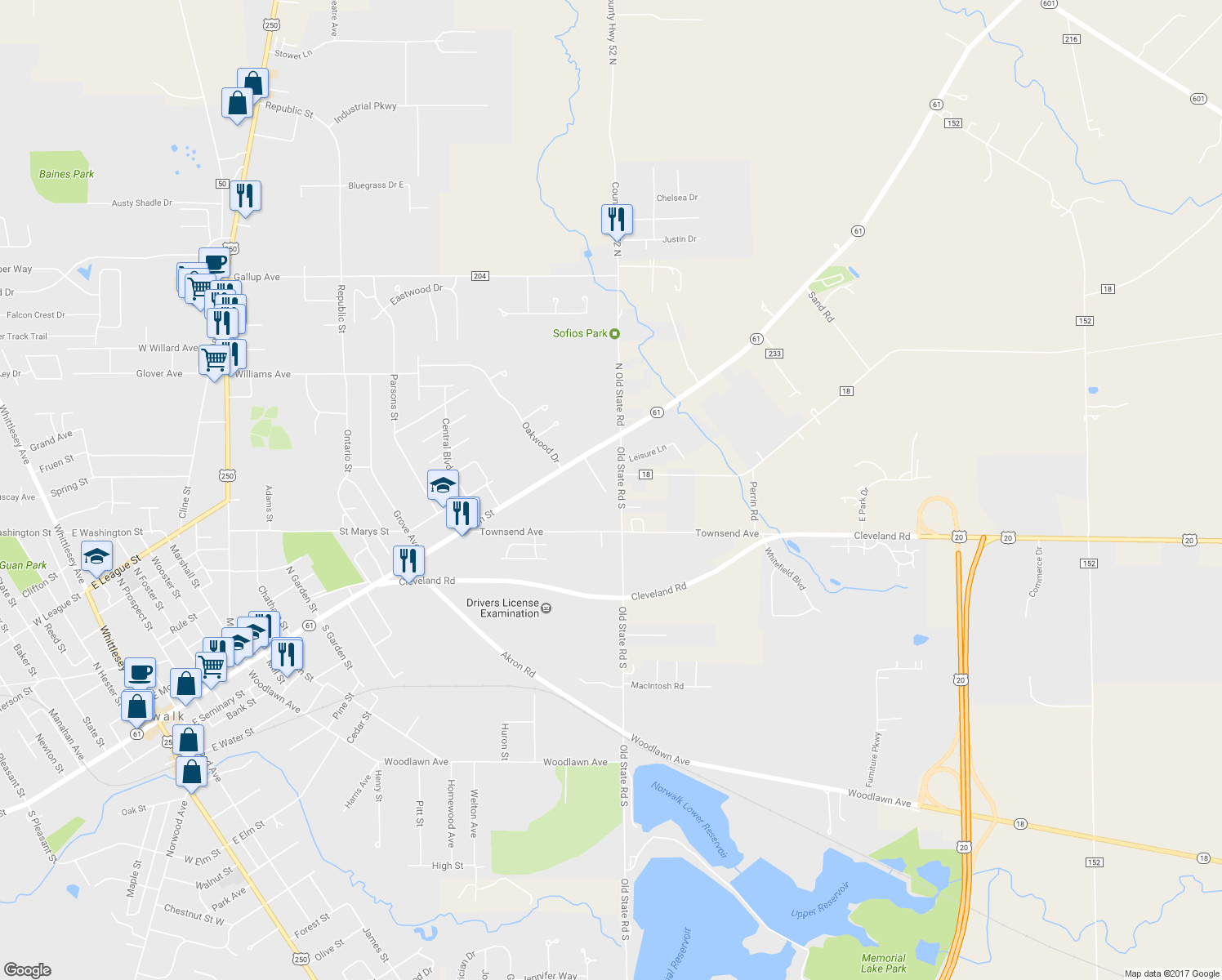 map of restaurants, bars, coffee shops, grocery stores, and more near 8 Old State Road South in Norwalk
