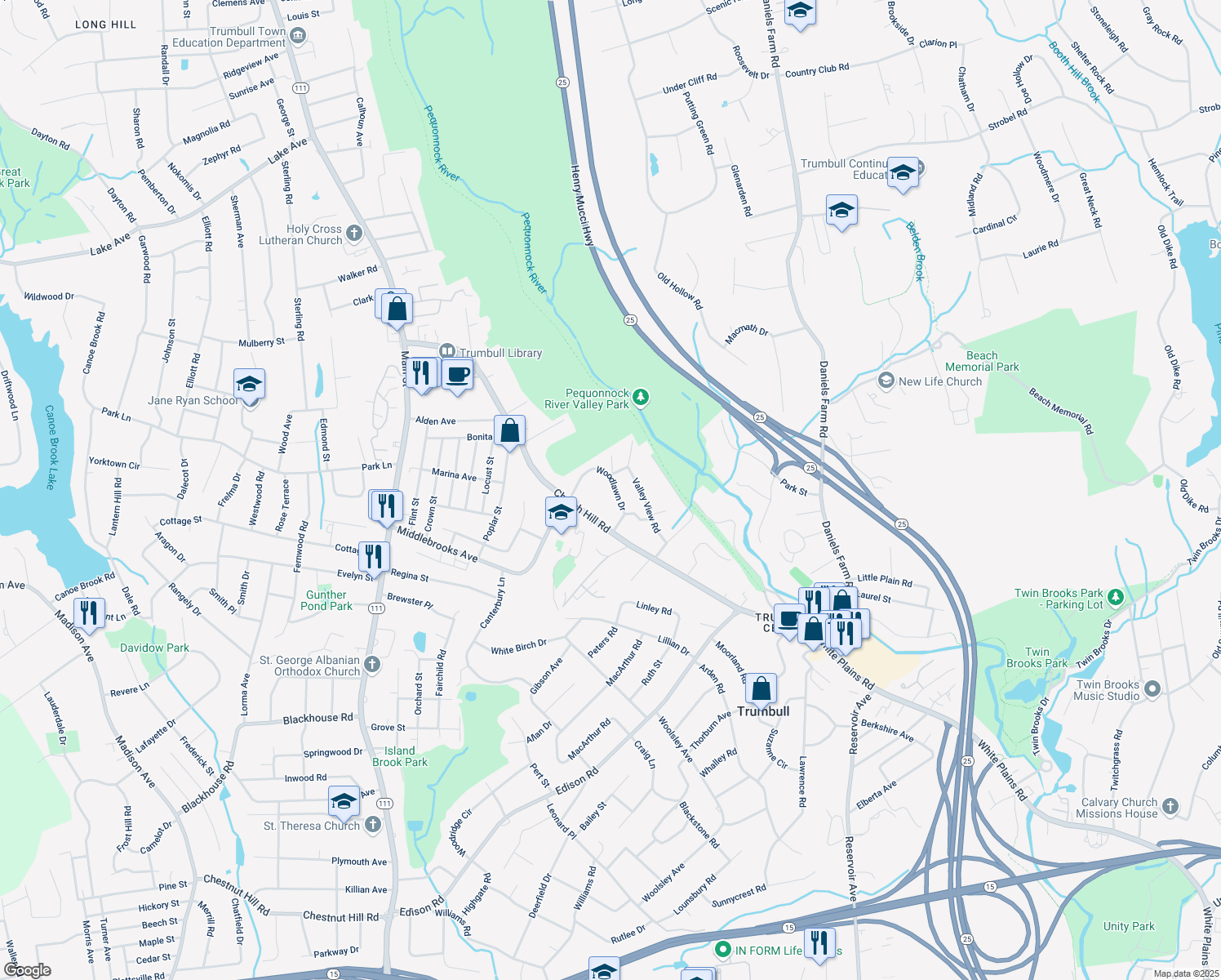 map of restaurants, bars, coffee shops, grocery stores, and more near 38 Woodlawn Drive in Trumbull