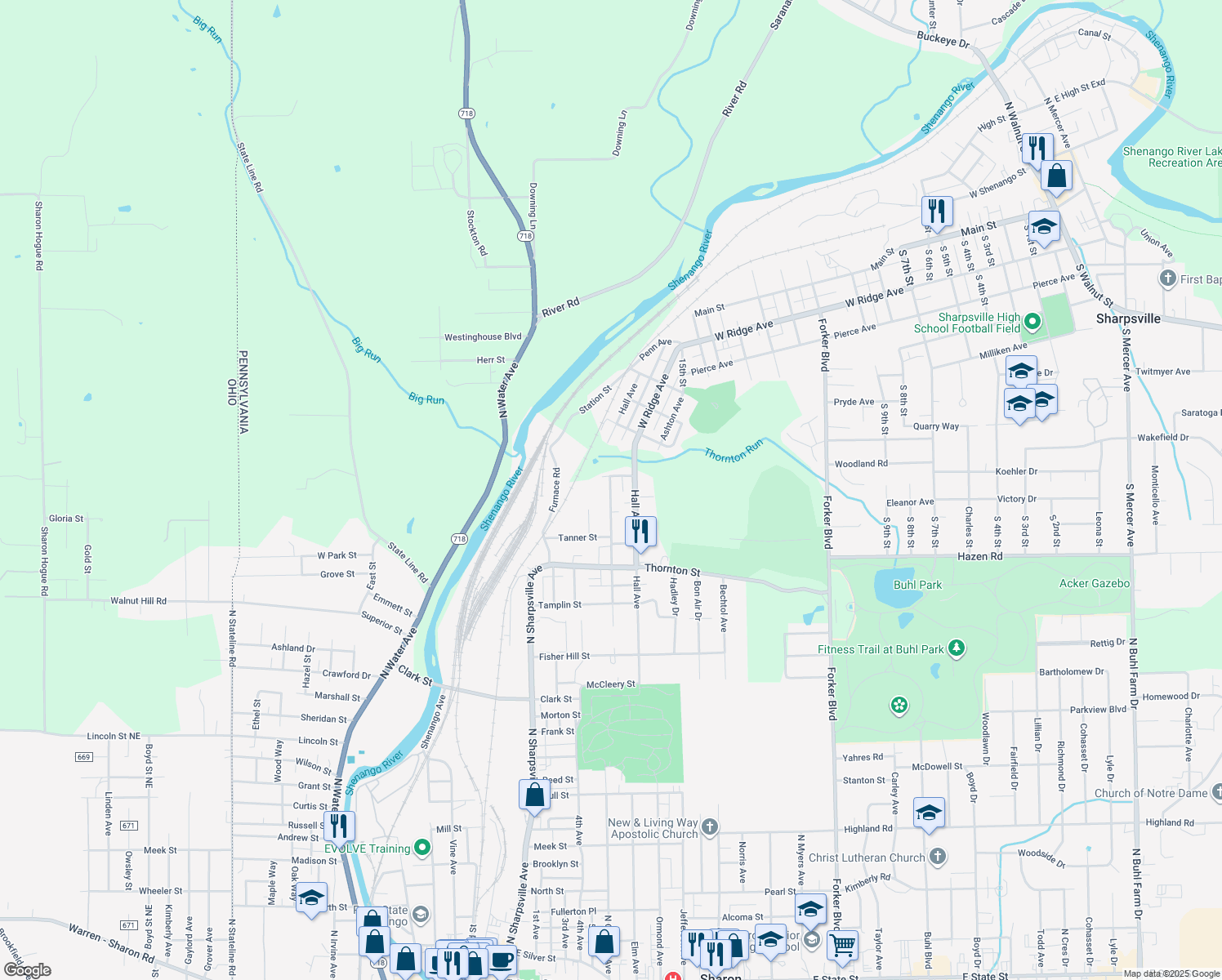 map of restaurants, bars, coffee shops, grocery stores, and more near 1440 Heinz Avenue in Sharon