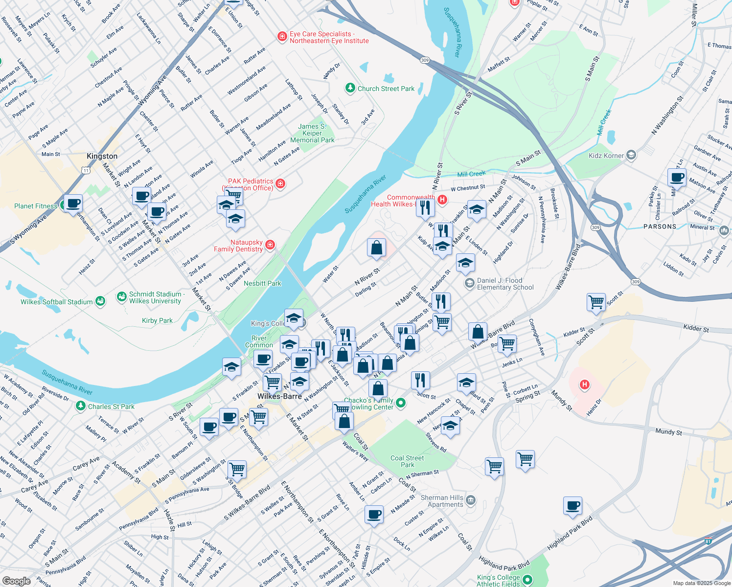 map of restaurants, bars, coffee shops, grocery stores, and more near 125 Darling Street in Wilkes-Barre