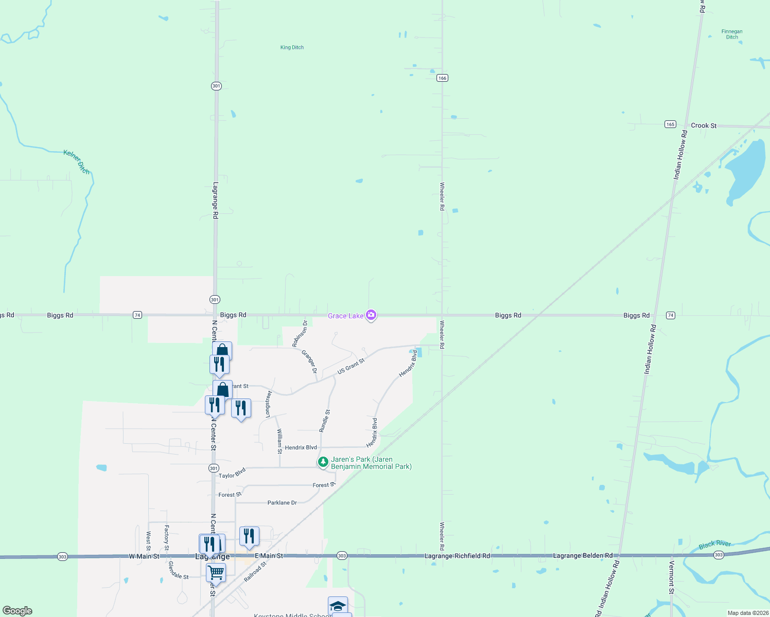 map of restaurants, bars, coffee shops, grocery stores, and more near 40262 Biggs Road in LaGrange