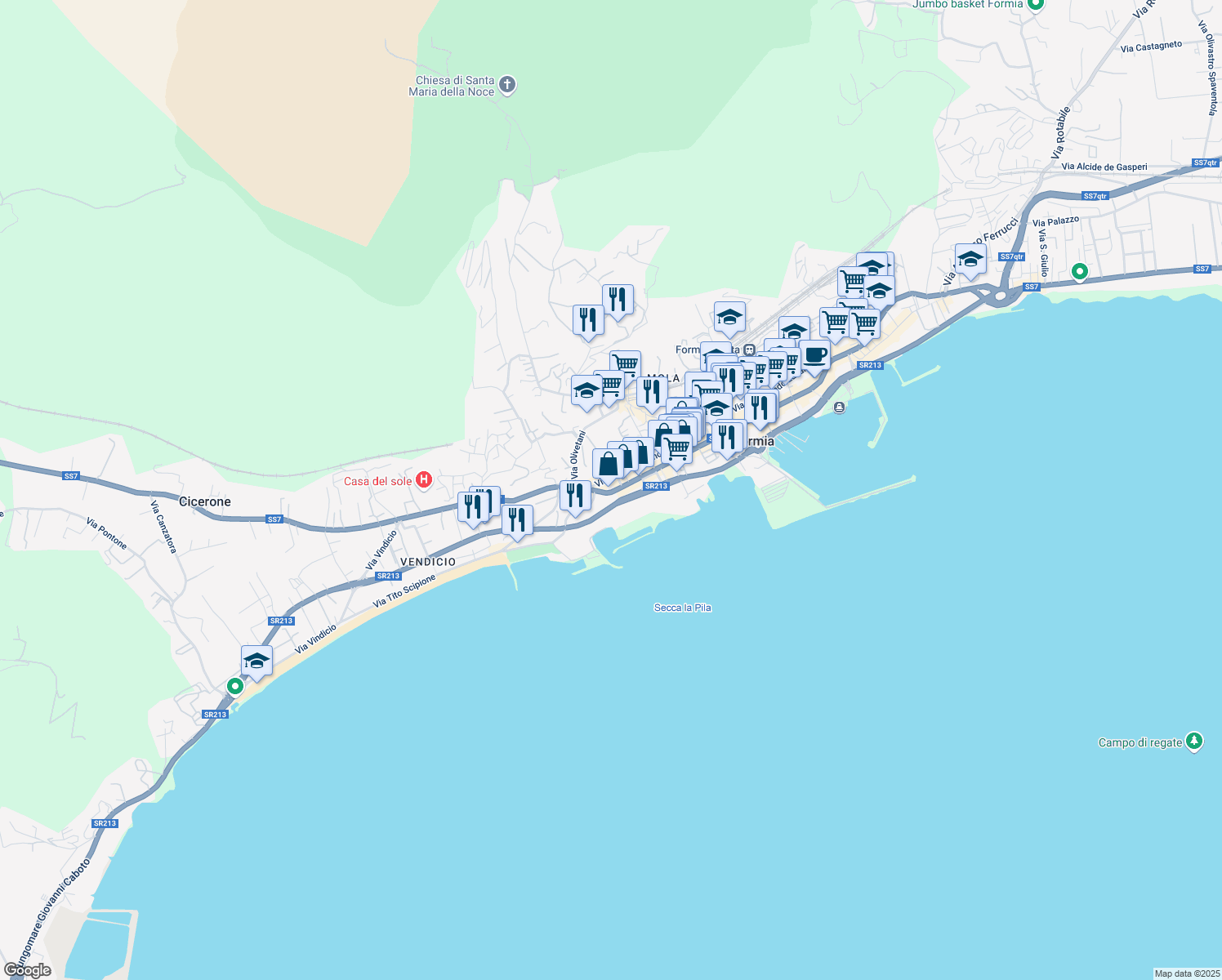 map of restaurants, bars, coffee shops, grocery stores, and more near 418 Via Vitruvio in Formia