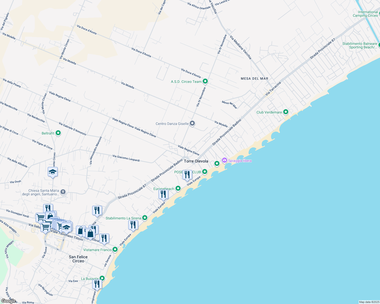 map of restaurants, bars, coffee shops, grocery stores, and more near 7 Viale Regina Elena in San Felice Circeo
