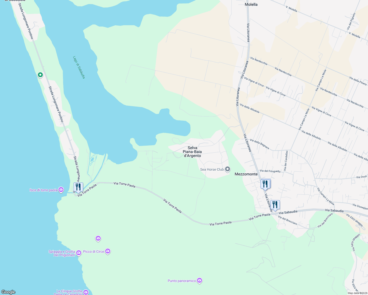 map of restaurants, bars, coffee shops, grocery stores, and more near 7 Via della Darsena Verde in Selva Piana-baia D'argento