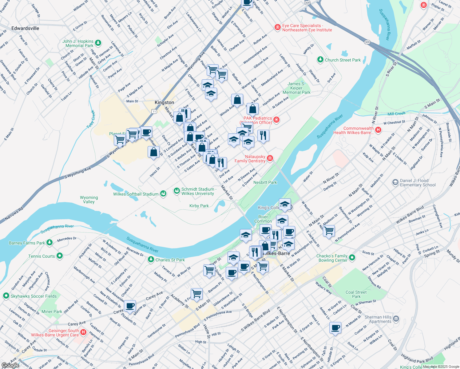 map of restaurants, bars, coffee shops, grocery stores, and more near 27 North Dawes Avenue in Kingston