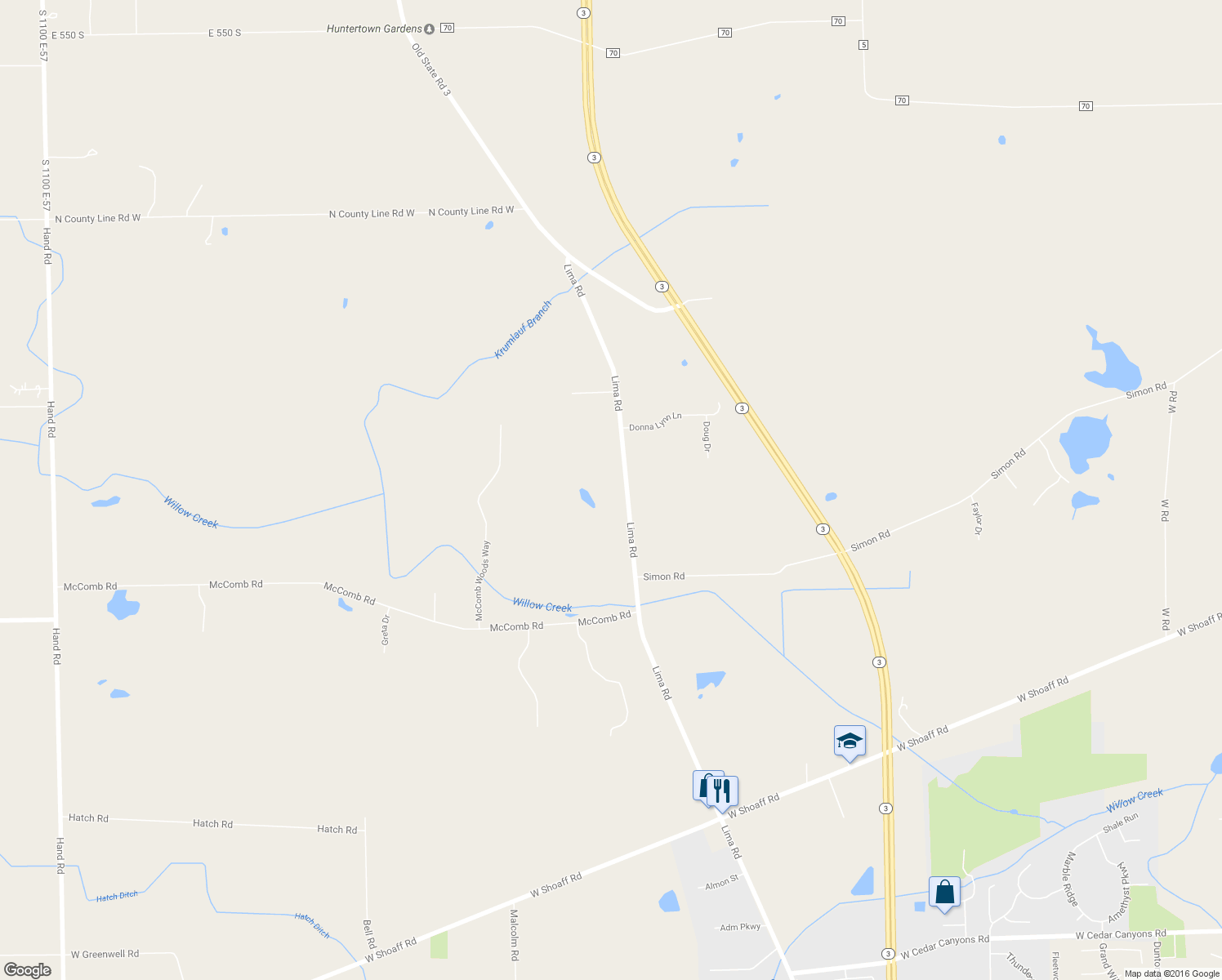 map of restaurants, bars, coffee shops, grocery stores, and more near 18007 Lima Road in Huntertown