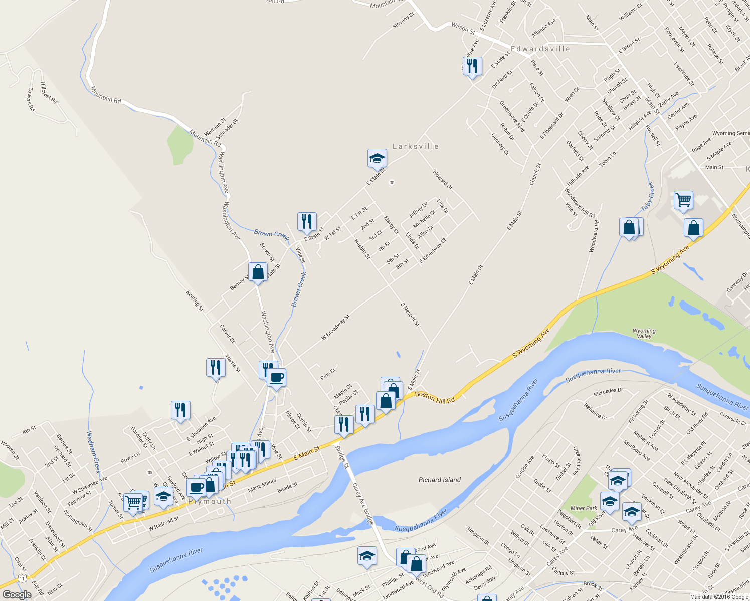 map of restaurants, bars, coffee shops, grocery stores, and more near 53-55 West Broadway Street in Larksville