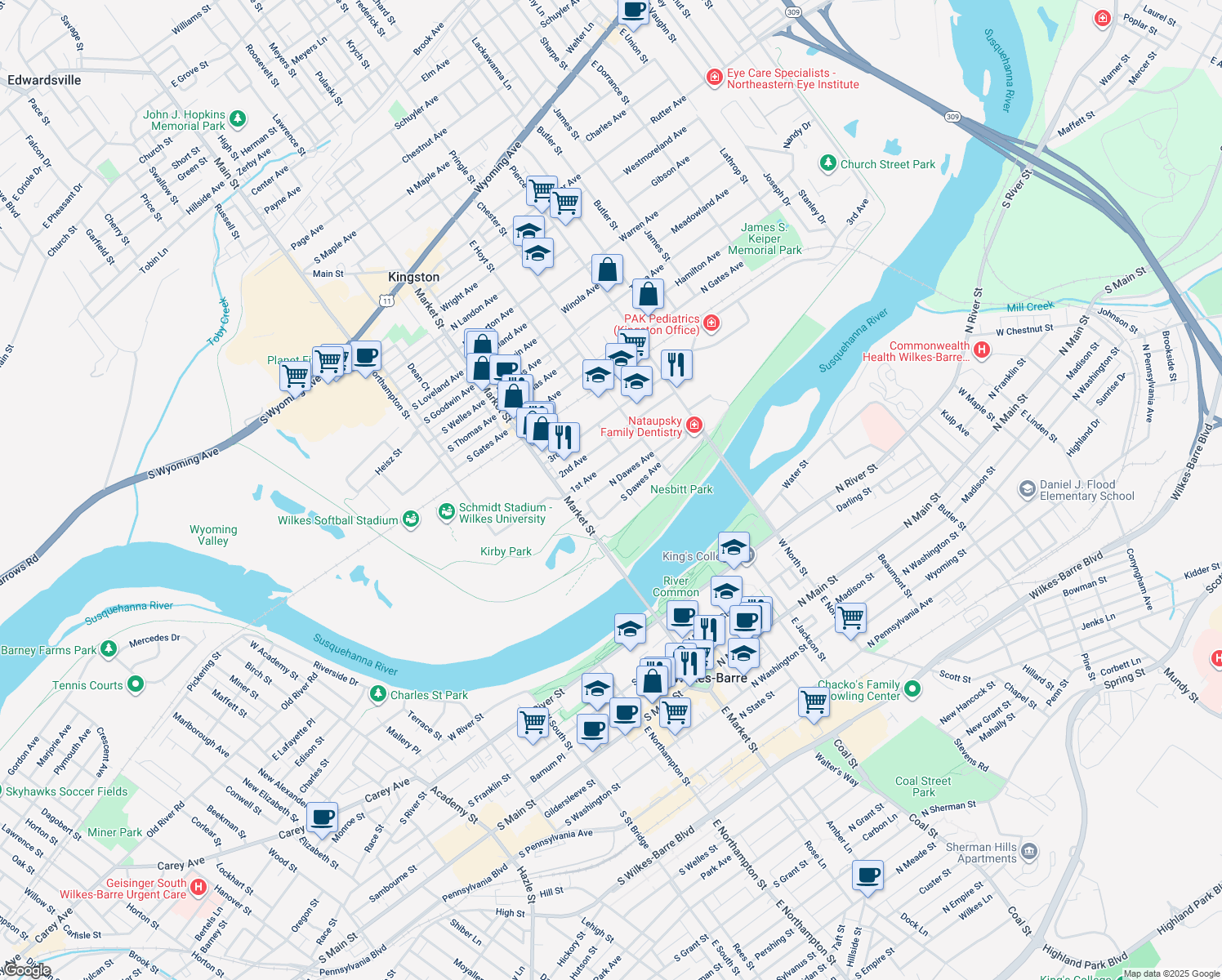 map of restaurants, bars, coffee shops, grocery stores, and more near 28 North Dawes Avenue in Kingston