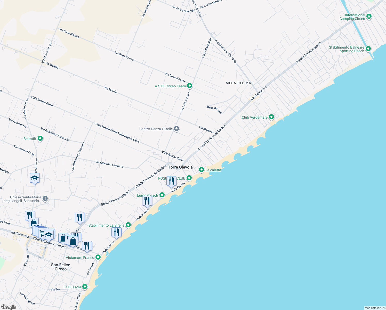 map of restaurants, bars, coffee shops, grocery stores, and more near 88 Via Terracina in San Felice Circeo