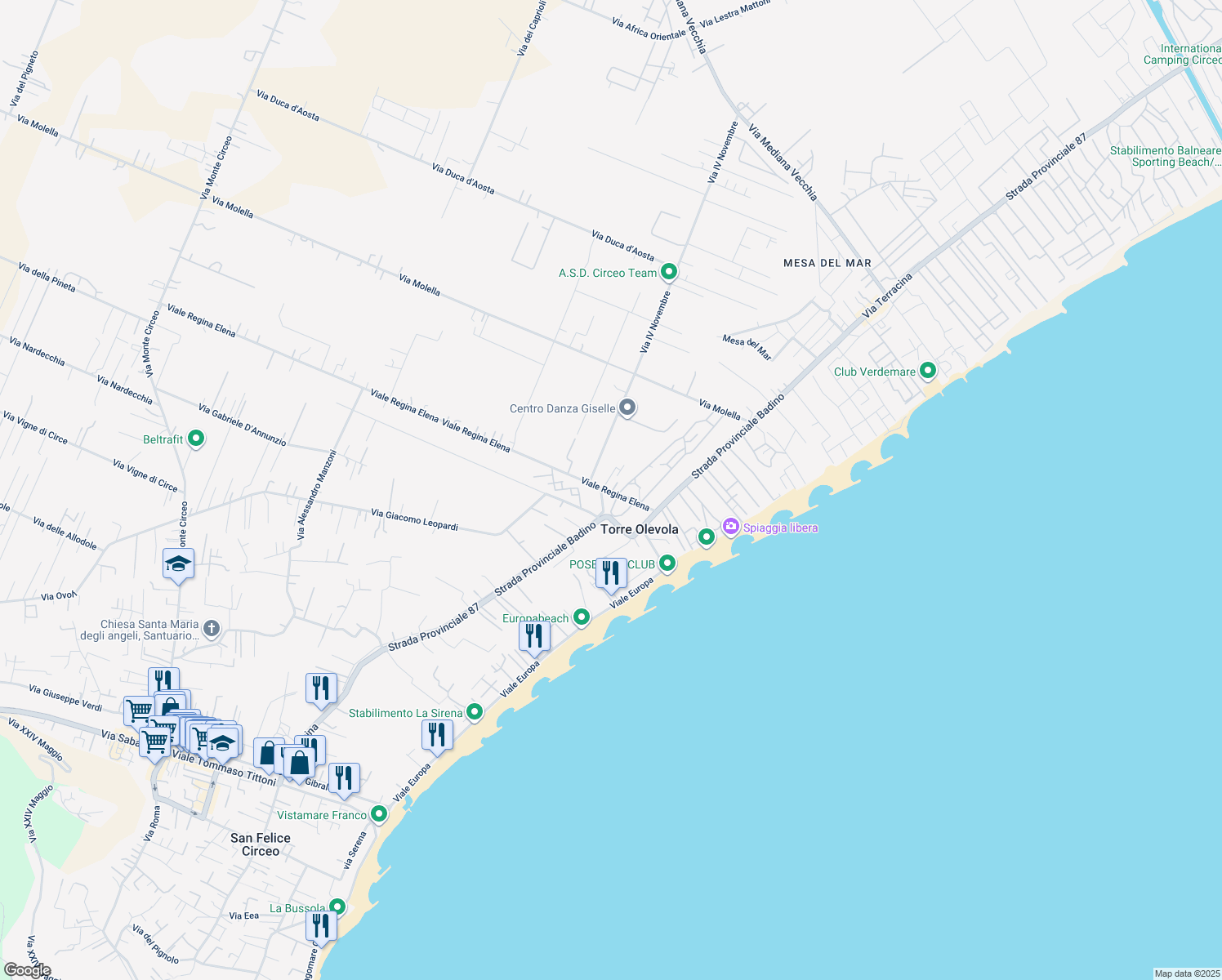 map of restaurants, bars, coffee shops, grocery stores, and more near 7 Viale Regina Elena in San Felice Circeo