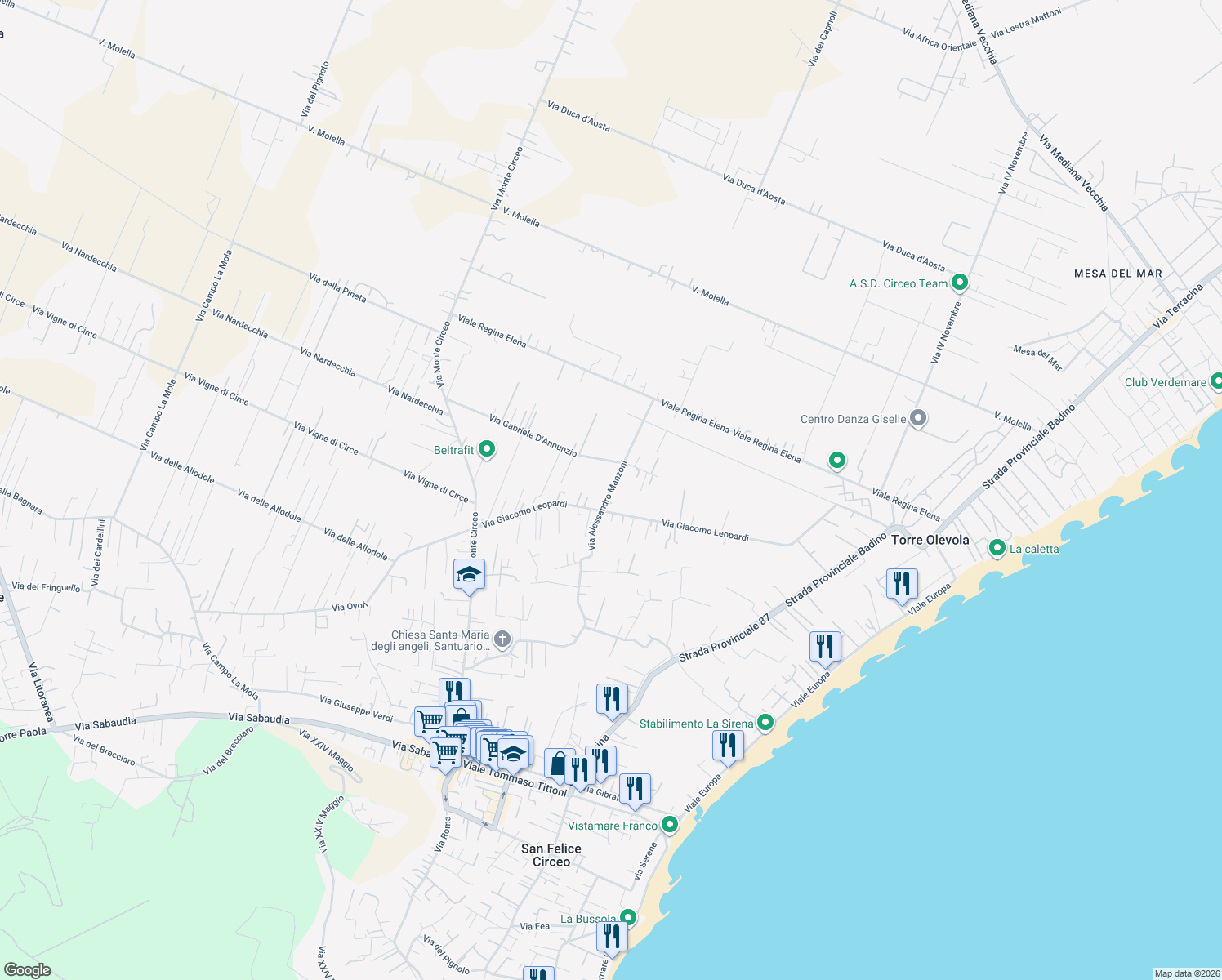 map of restaurants, bars, coffee shops, grocery stores, and more near 28 Via Alessandro Manzoni in Provincia di Latina