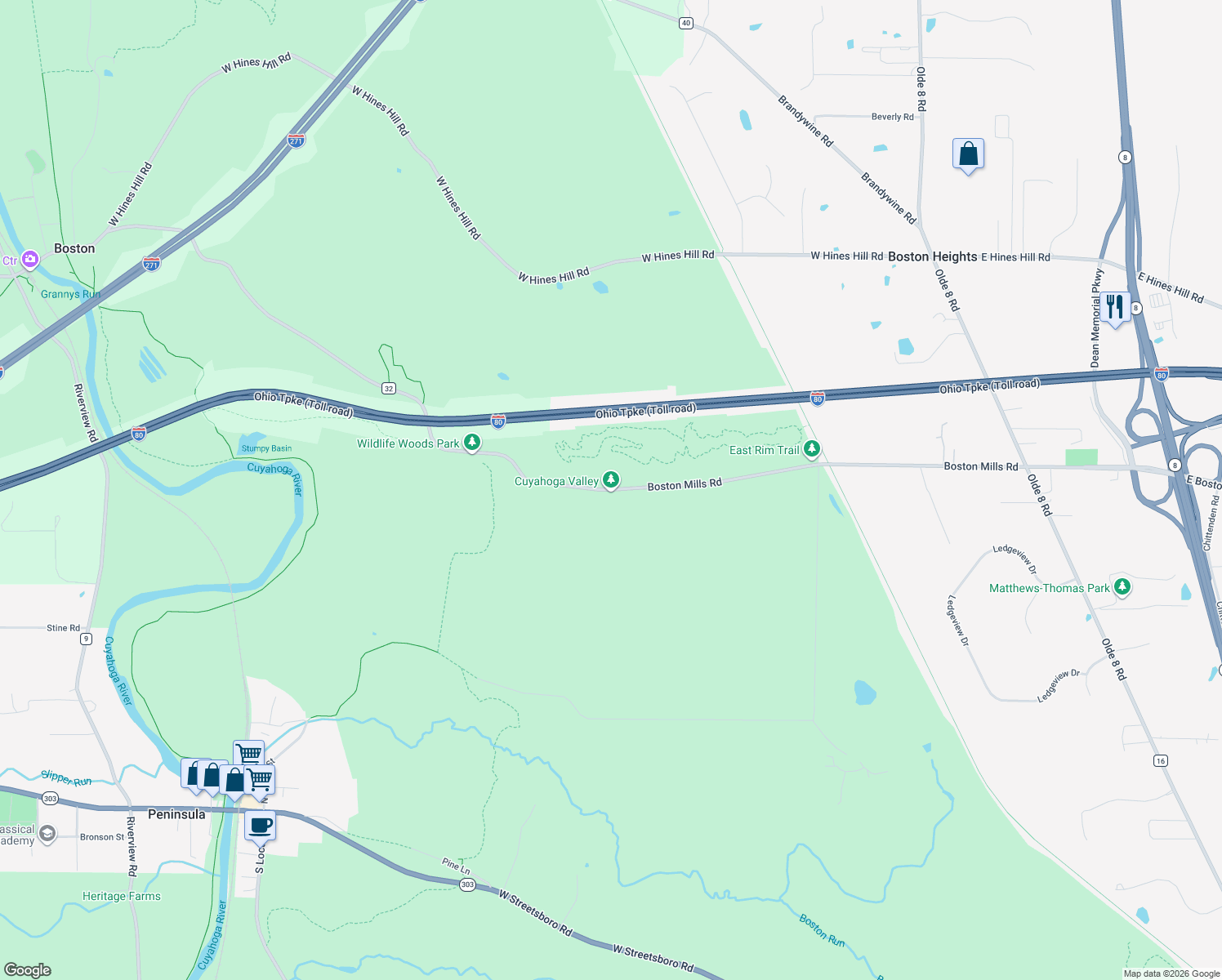 map of restaurants, bars, coffee shops, grocery stores, and more near Boston Mills Road in Summit County