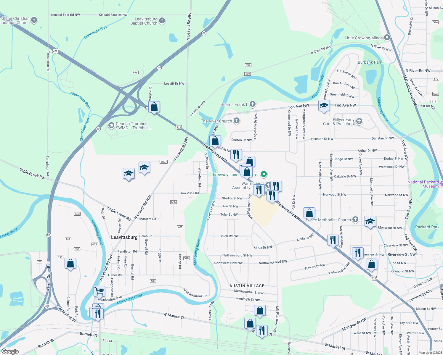 map of restaurants, bars, coffee shops, grocery stores, and more near 2042 Lovers Lane Northwest in Warren