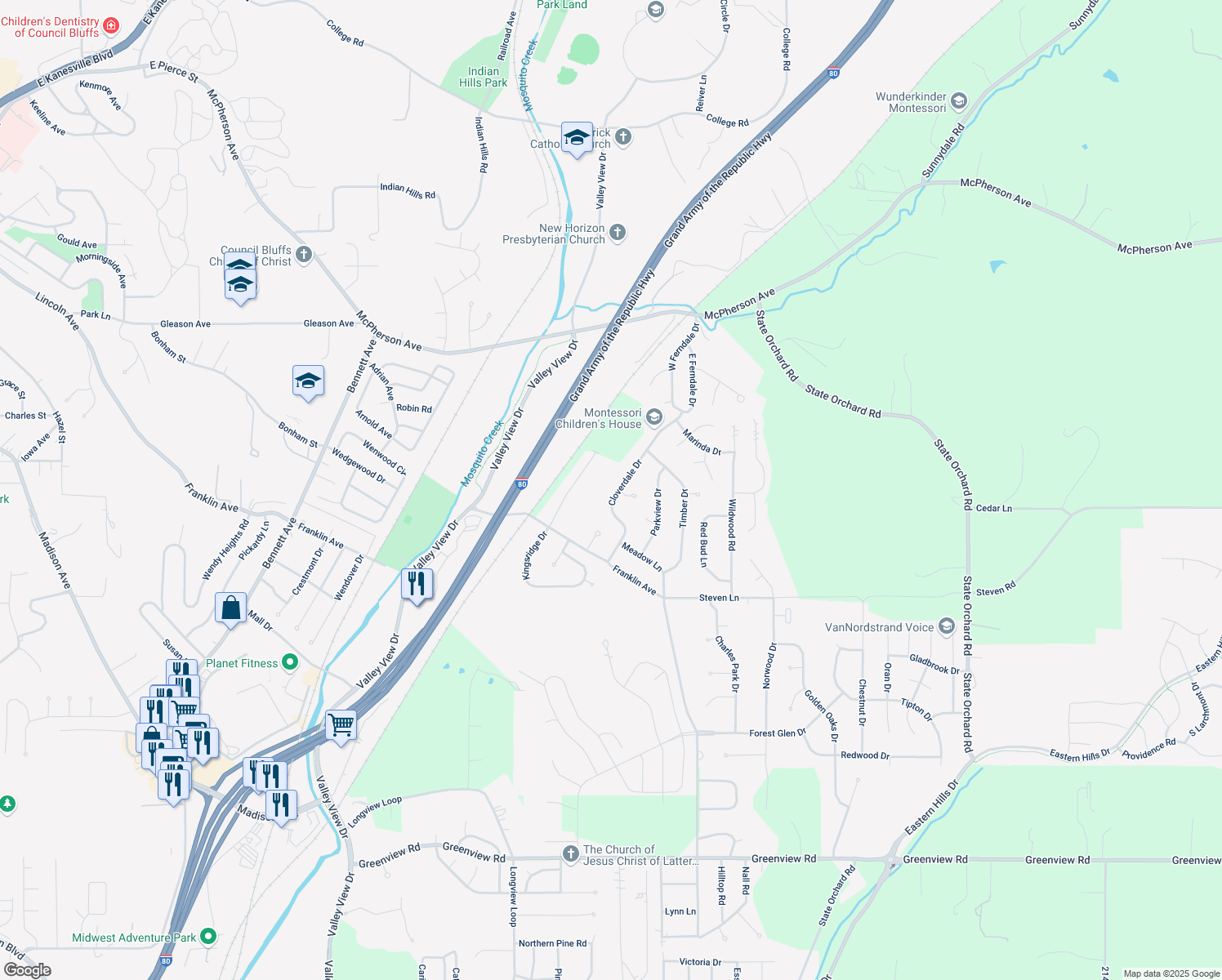 map of restaurants, bars, coffee shops, grocery stores, and more near 226 Cloverdale Drive in Council Bluffs