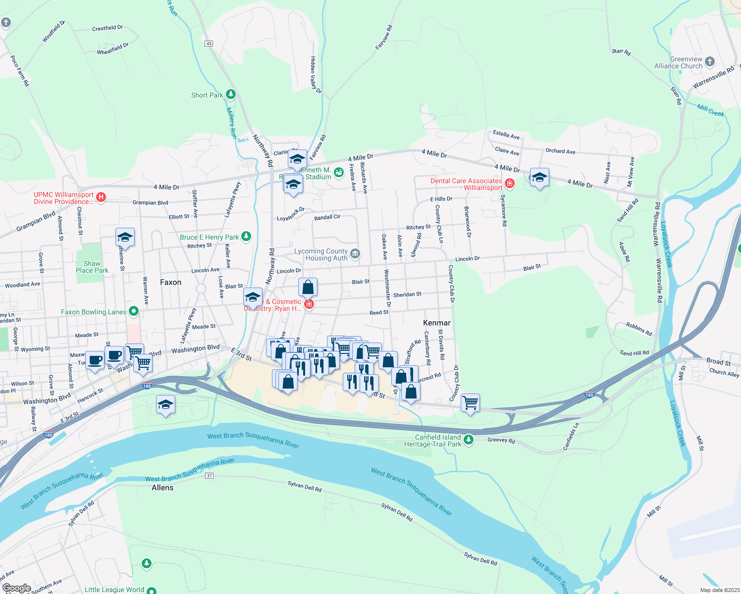 map of restaurants, bars, coffee shops, grocery stores, and more near 2199 Sheridan Street in Williamsport