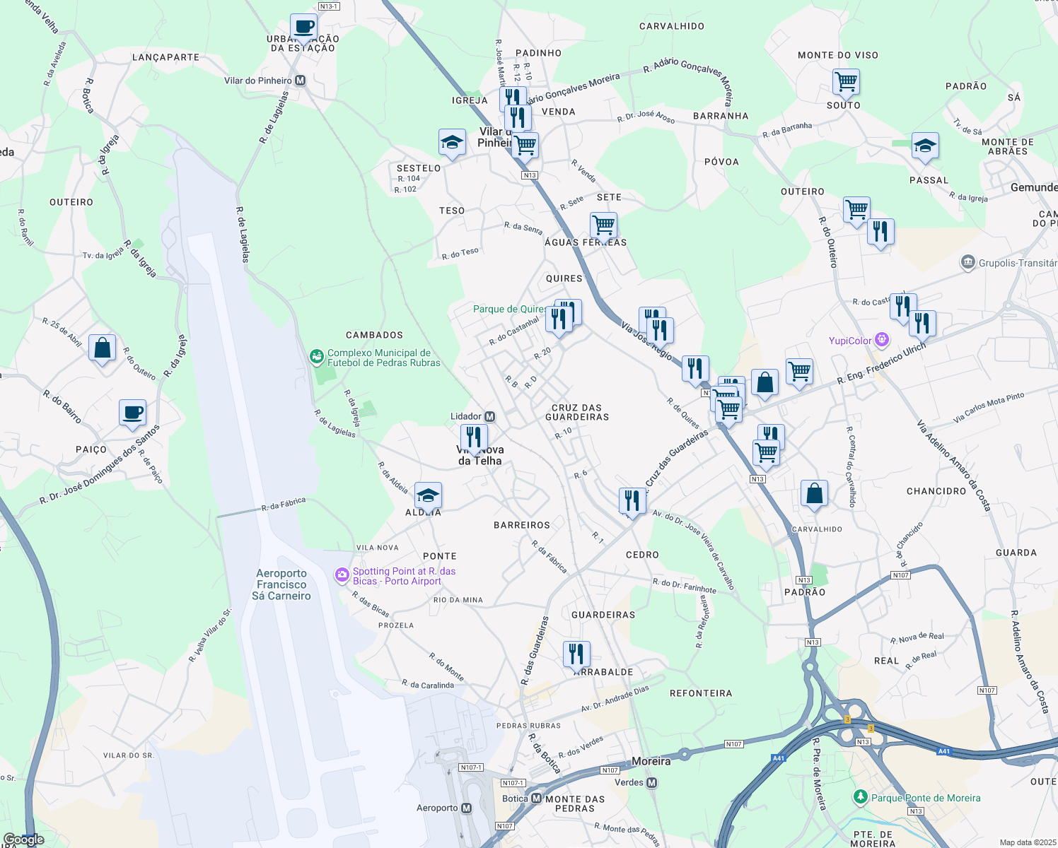 map of restaurants, bars, coffee shops, grocery stores, and more near 13 Rua Gonçalo Mendes da Maia in Vila Nova da Telha