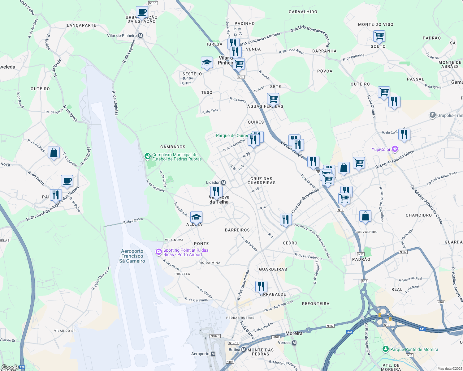 map of restaurants, bars, coffee shops, grocery stores, and more near 13 Rua Gonçalo Mendes da Maia in Vila Nova da Telha