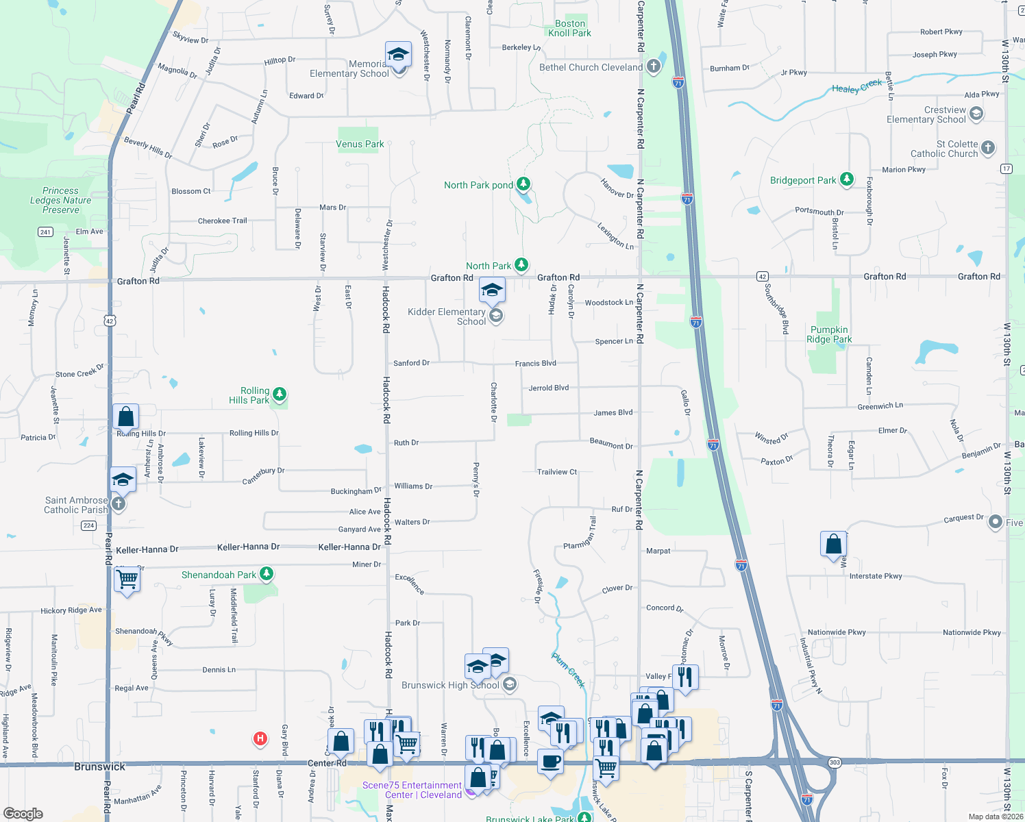 map of restaurants, bars, coffee shops, grocery stores, and more near 764 Chargary Dr in Brunswick