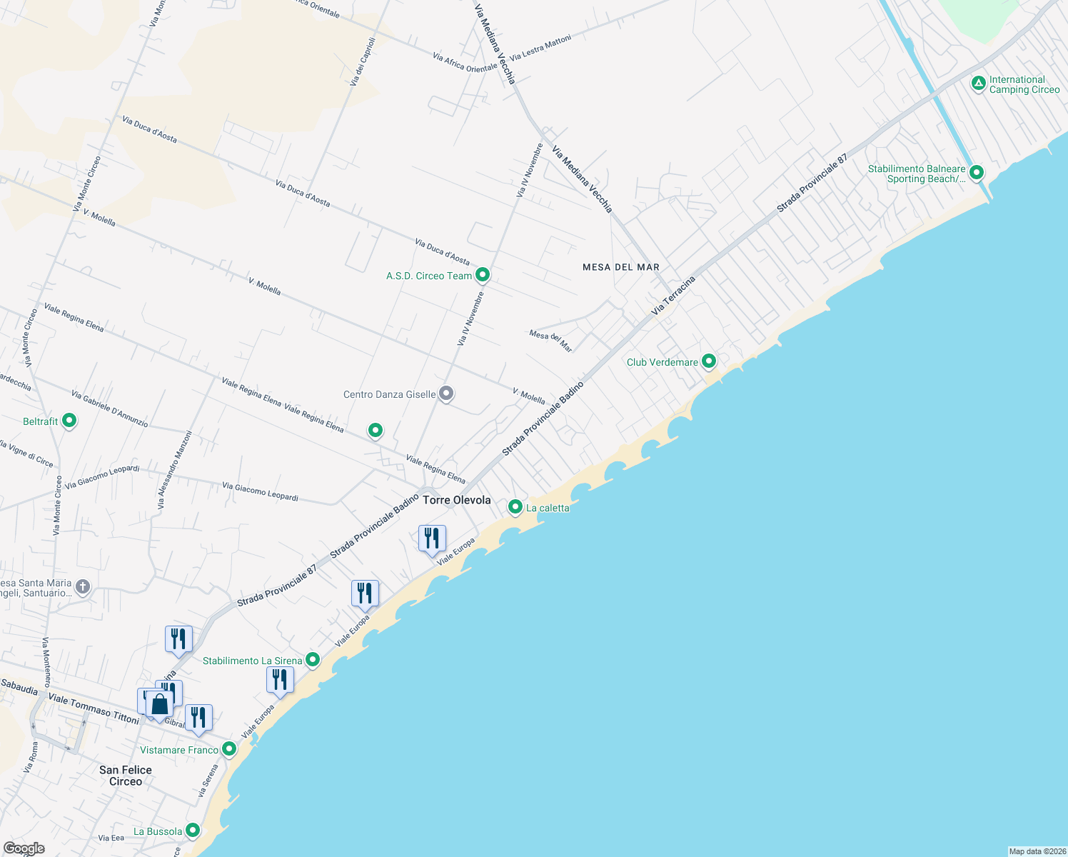 map of restaurants, bars, coffee shops, grocery stores, and more near 88 Via Poniatowskj in San Felice Circeo