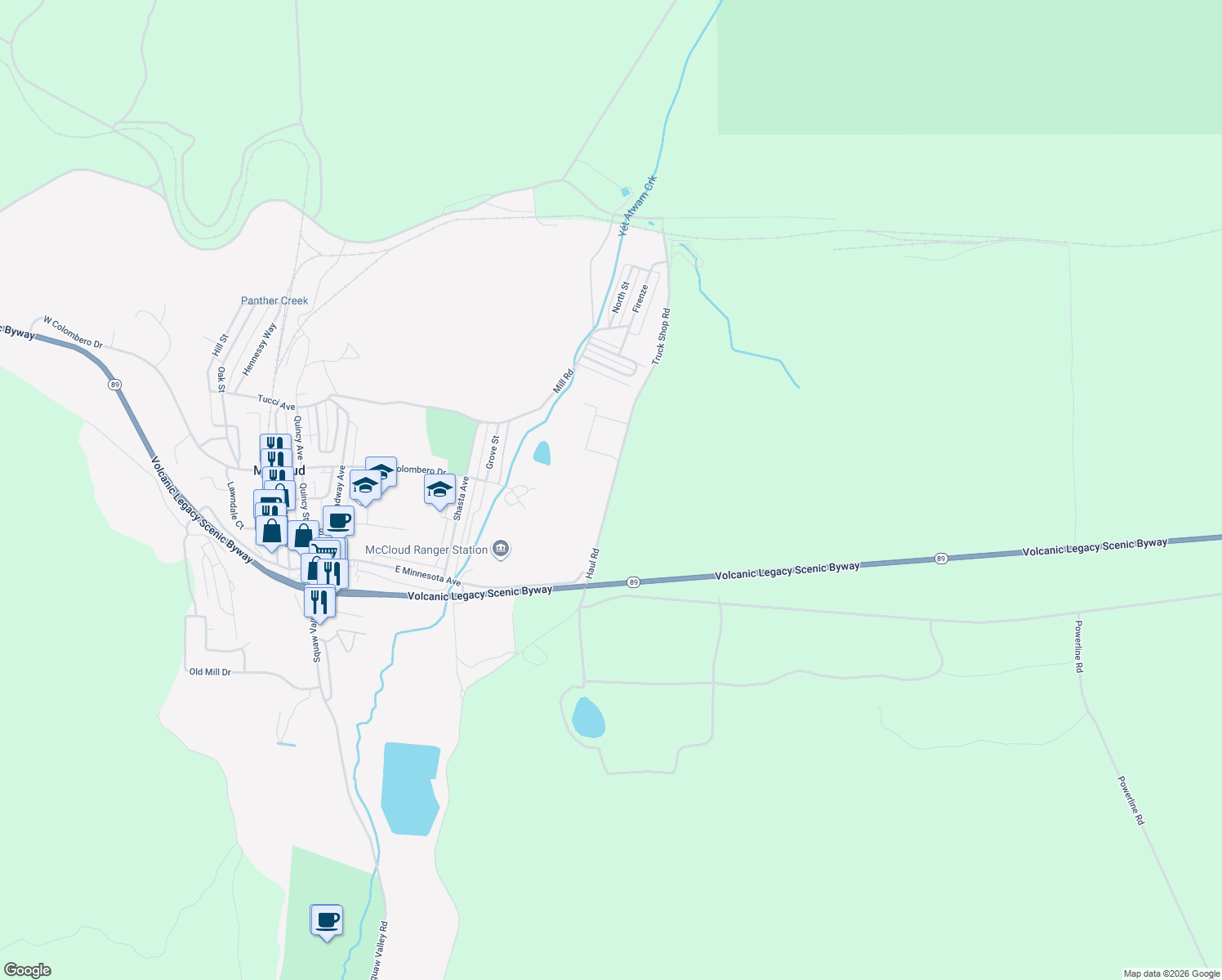 map of restaurants, bars, coffee shops, grocery stores, and more near Haul Road in McCloud