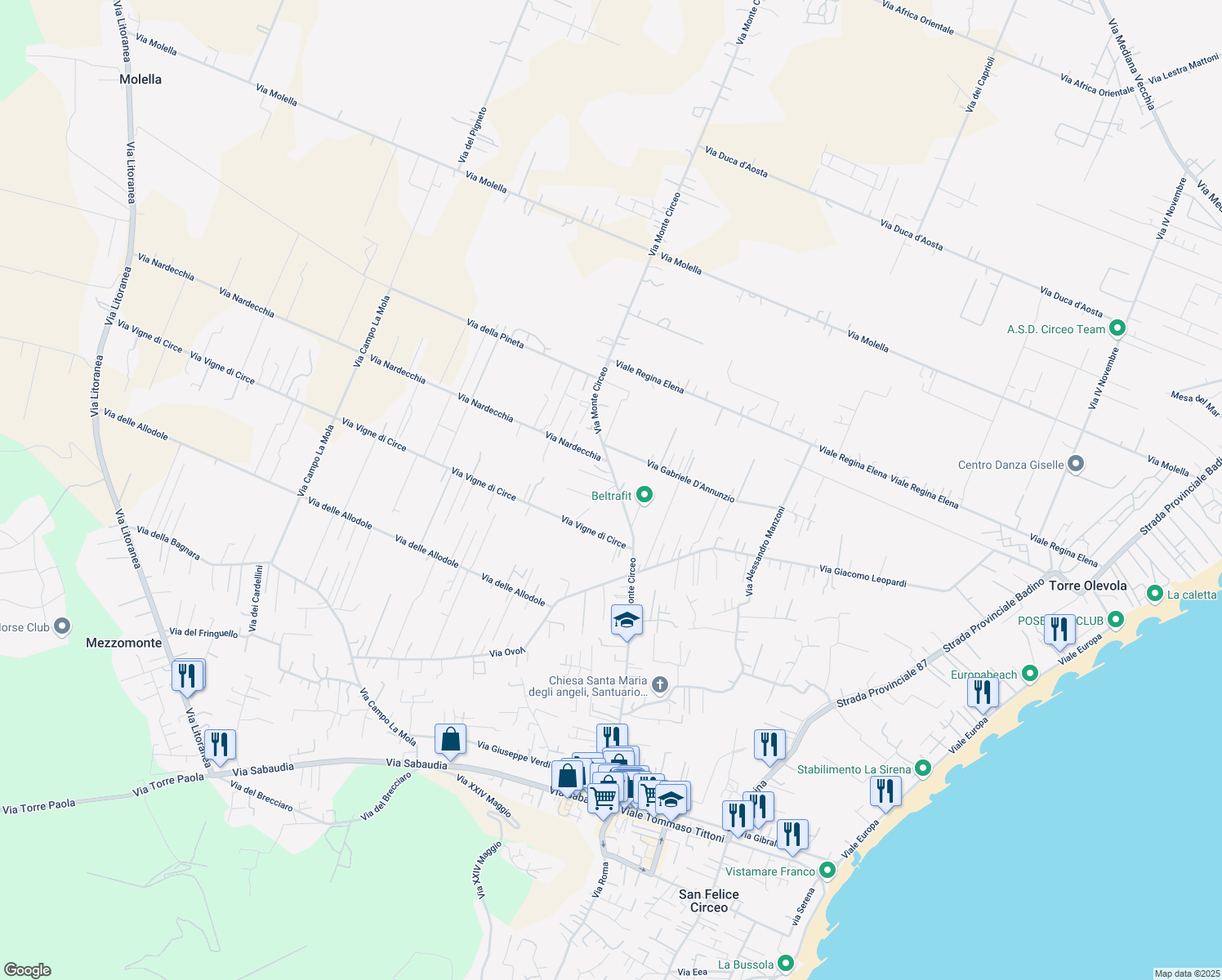 map of restaurants, bars, coffee shops, grocery stores, and more near 205 Via Monte Circeo in San Felice Circeo