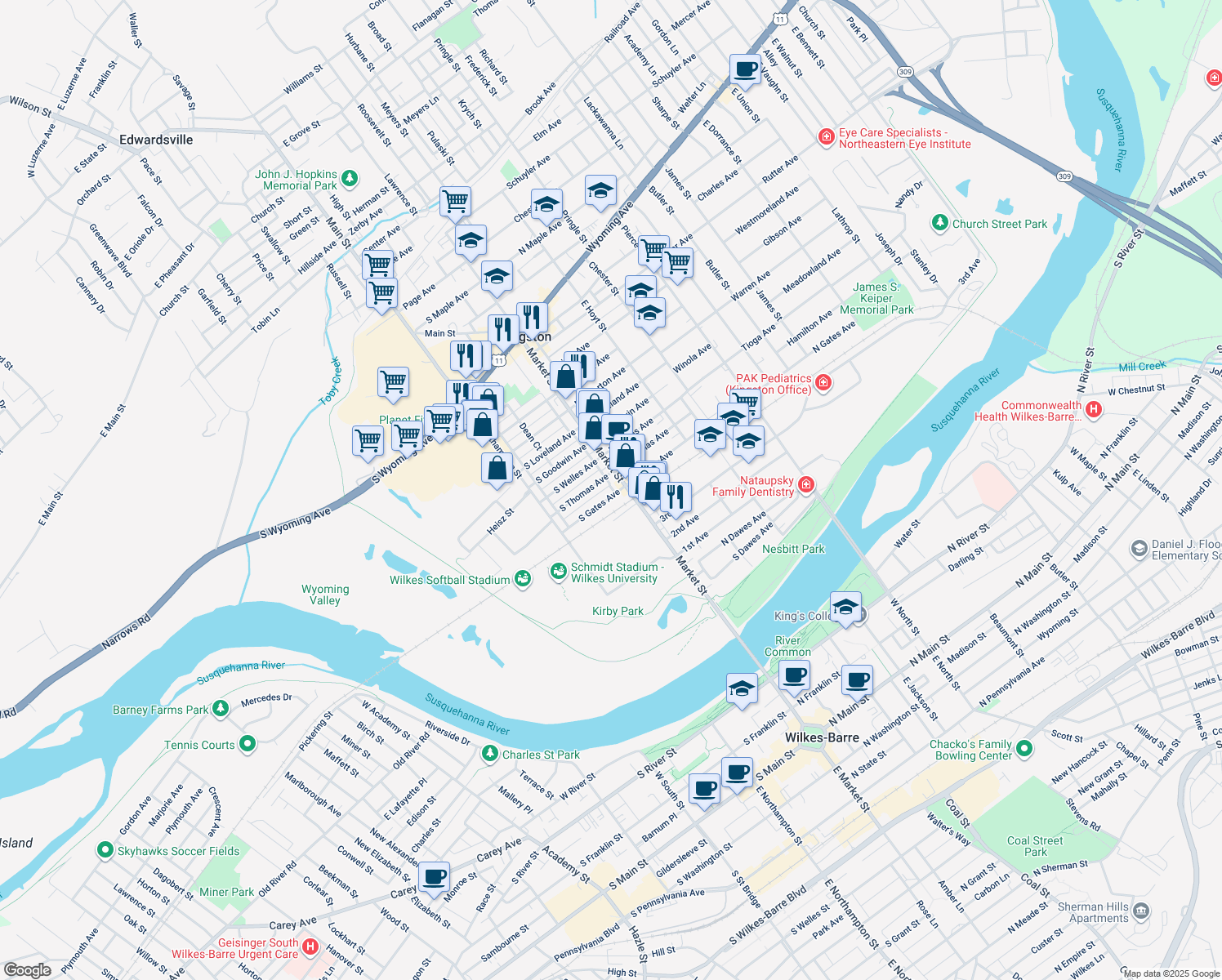 map of restaurants, bars, coffee shops, grocery stores, and more near 41 South Gates Avenue in Kingston