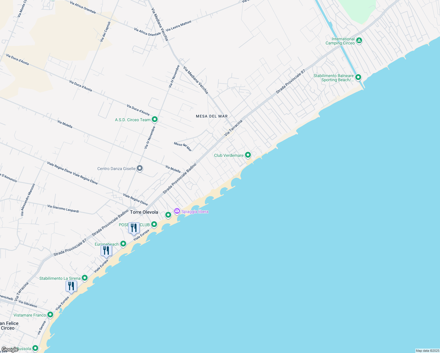 map of restaurants, bars, coffee shops, grocery stores, and more near 144 Via Terracina in San Felice Circeo
