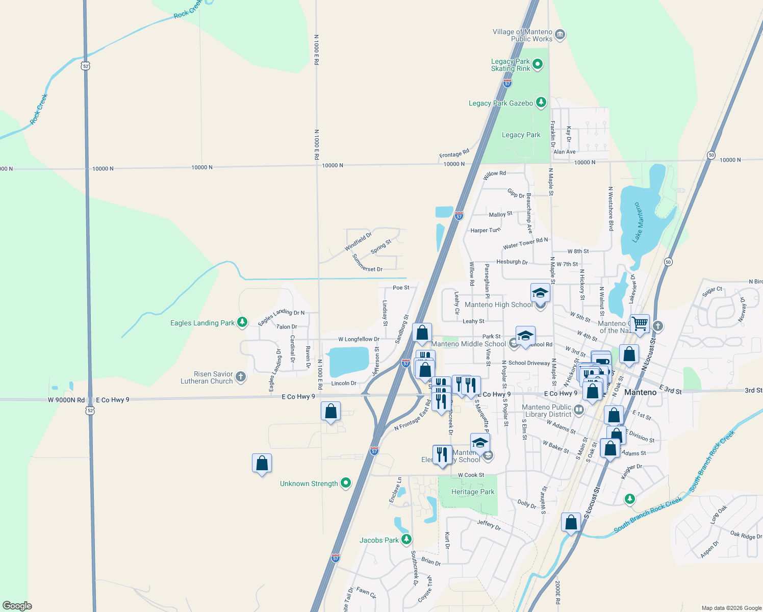 map of restaurants, bars, coffee shops, grocery stores, and more near 663 Lindsay Street in Manteno