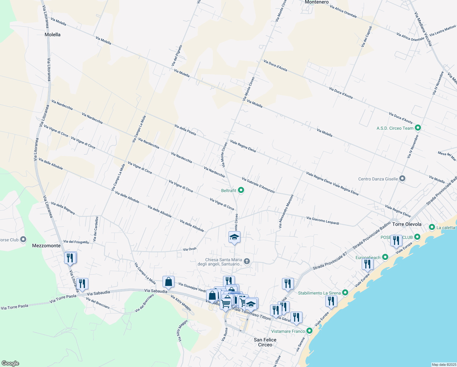 map of restaurants, bars, coffee shops, grocery stores, and more near 205 Via Monte Circeo in San Felice Circeo