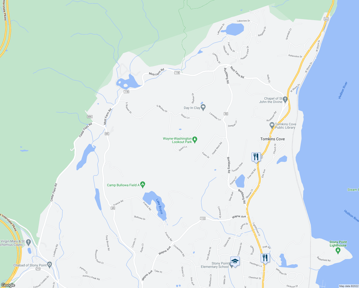 map of restaurants, bars, coffee shops, grocery stores, and more near 26 Soluri Lane in Tomkins Cove