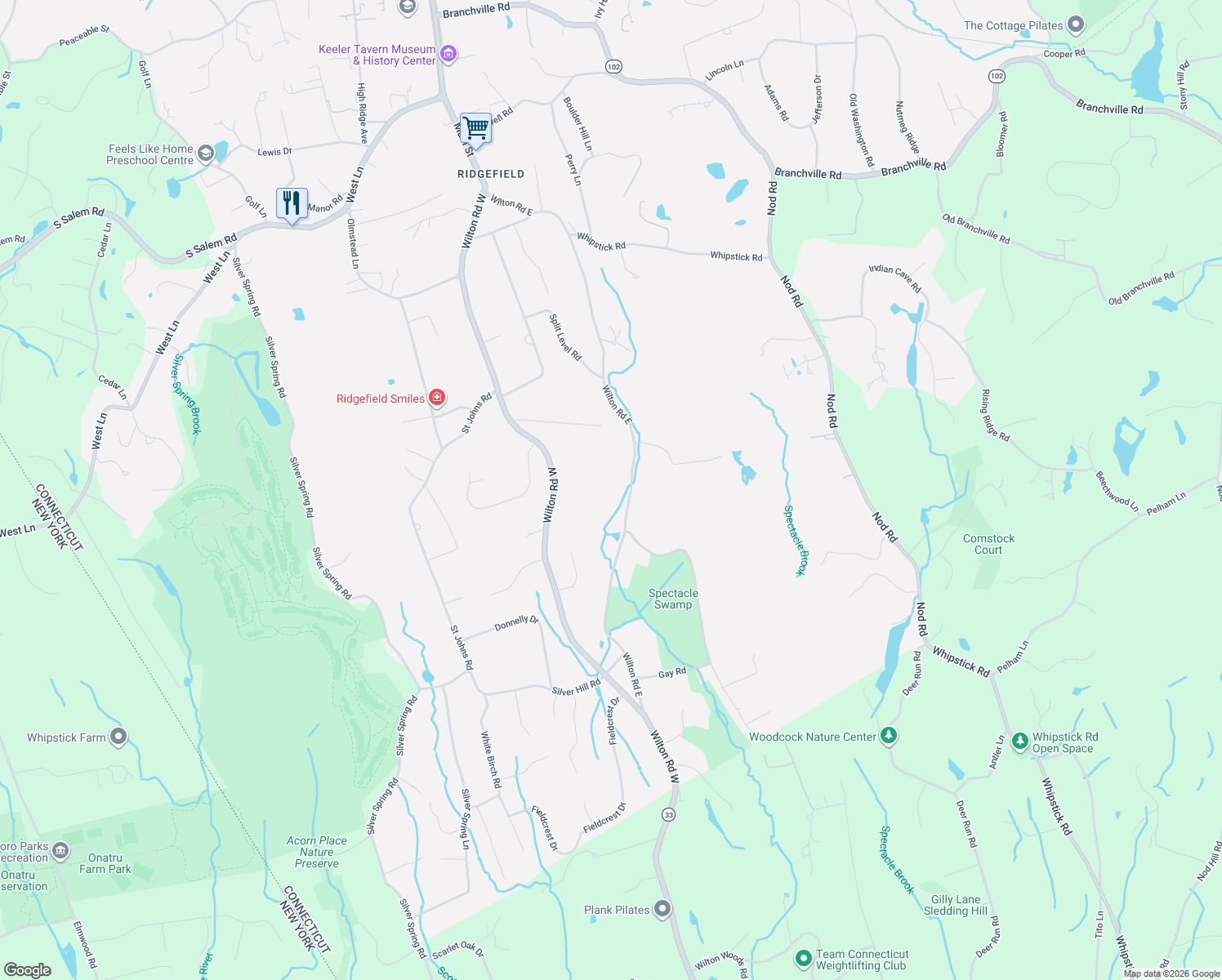 map of restaurants, bars, coffee shops, grocery stores, and more near 153 Wilton Road East in Ridgefield