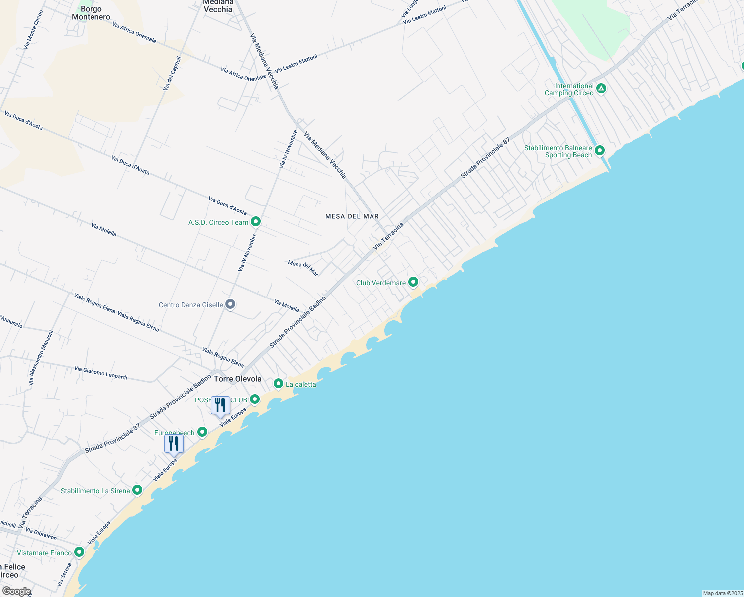 map of restaurants, bars, coffee shops, grocery stores, and more near 144 Via Terracina in San Felice Circeo