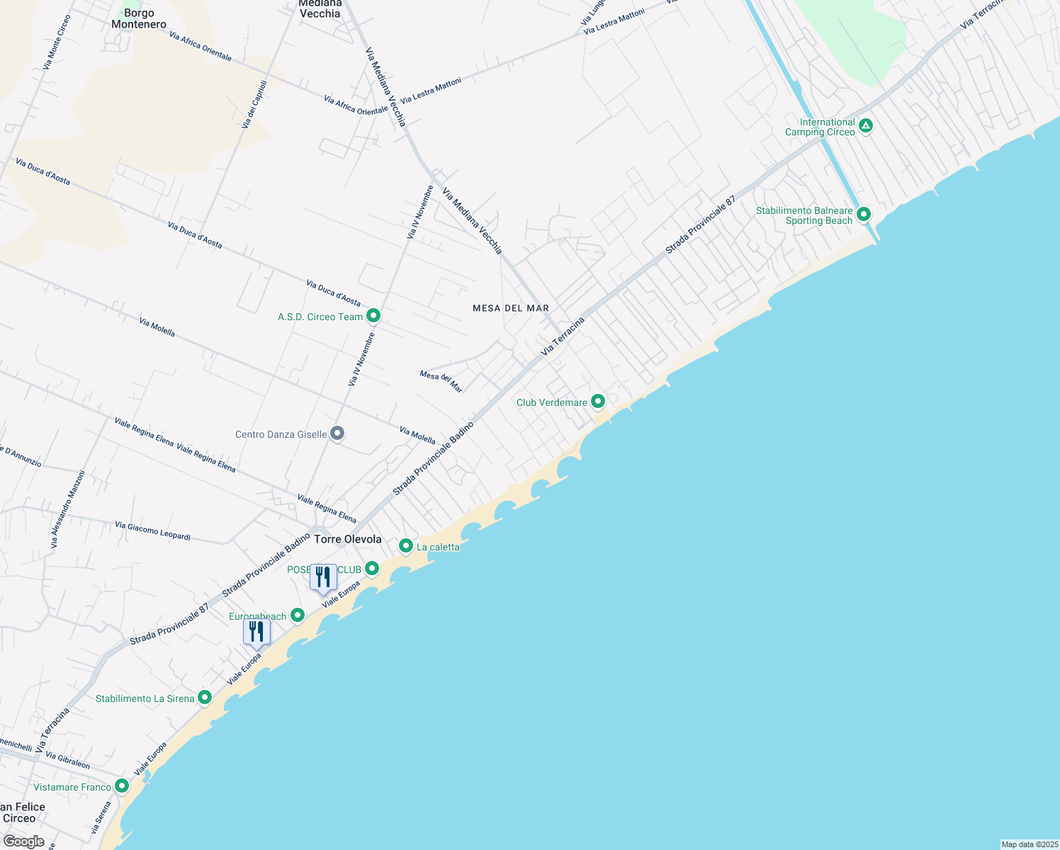 map of restaurants, bars, coffee shops, grocery stores, and more near Golfo Sereno in San Felice Circeo