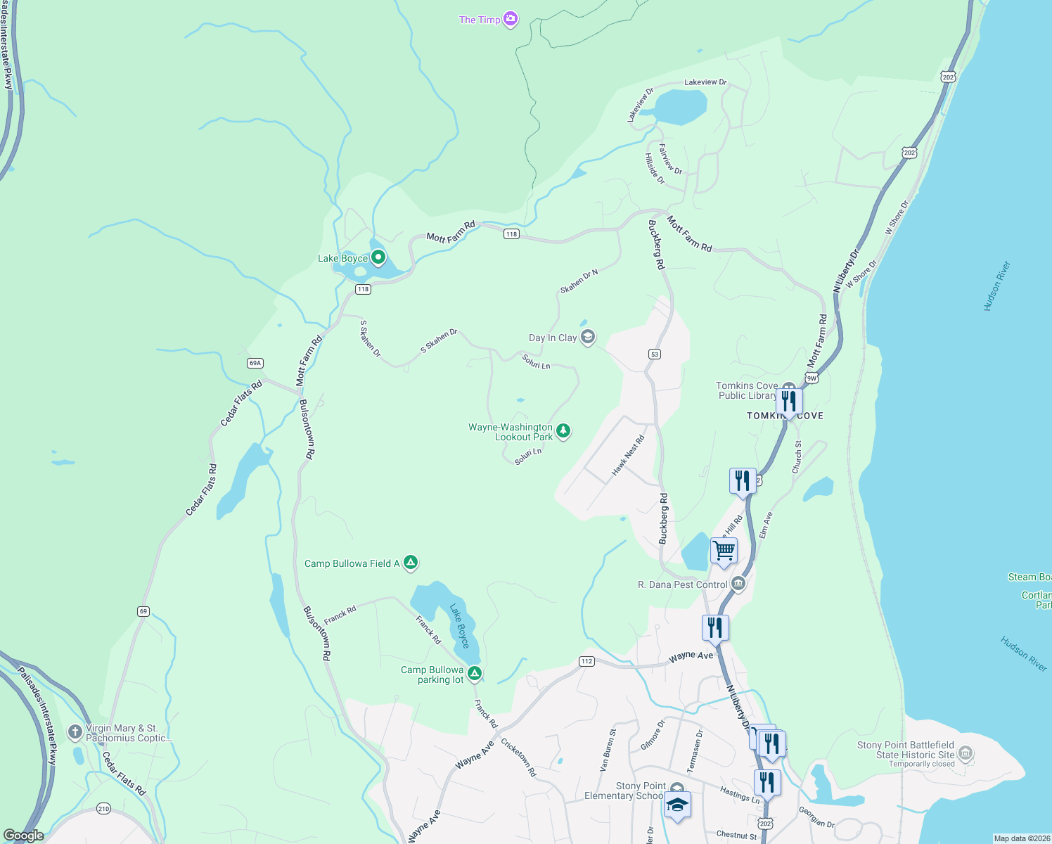 map of restaurants, bars, coffee shops, grocery stores, and more near 26 Soluri Lane in Tomkins Cove