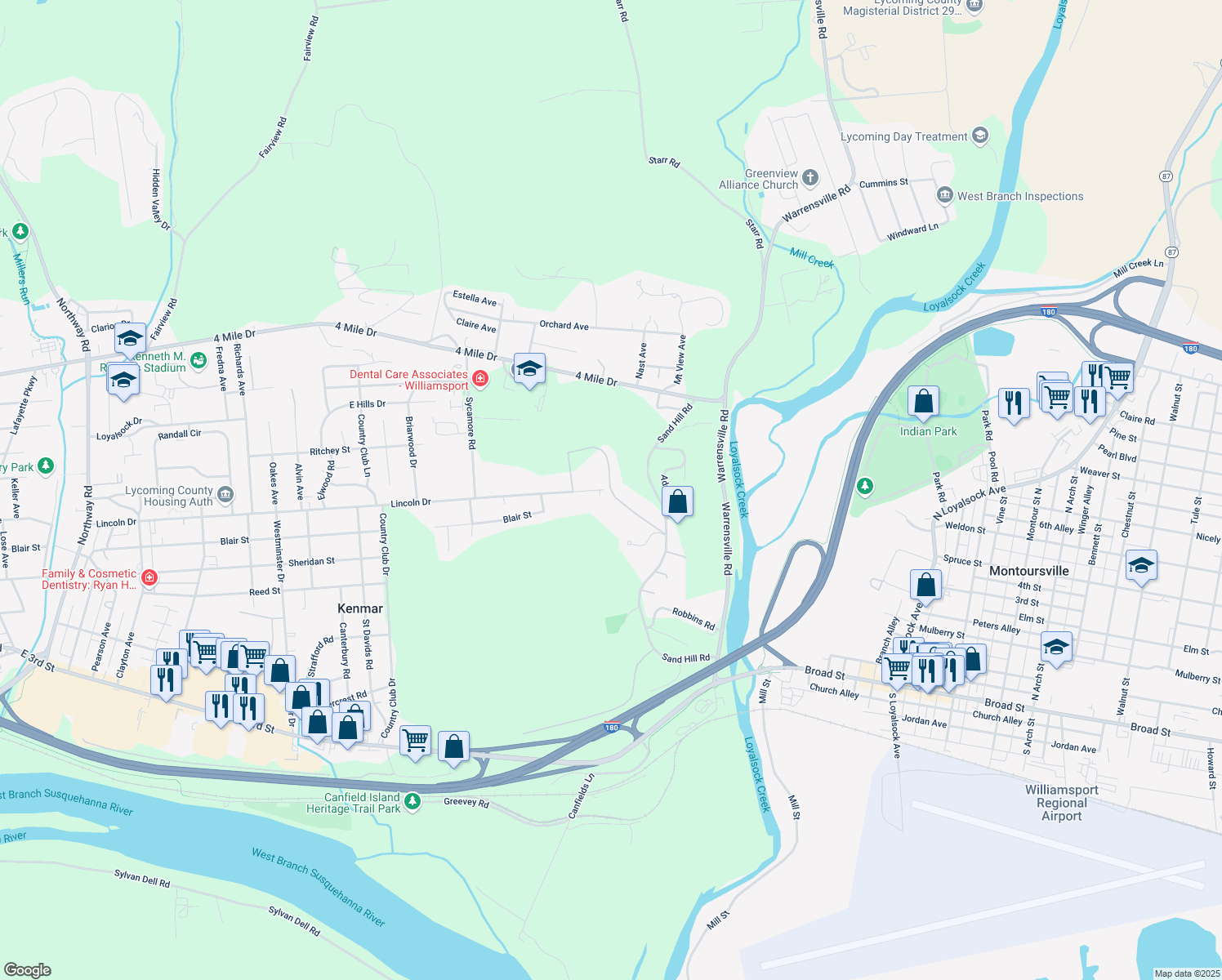 map of restaurants, bars, coffee shops, grocery stores, and more near 2098 Pine Ridge Rd in Montoursville